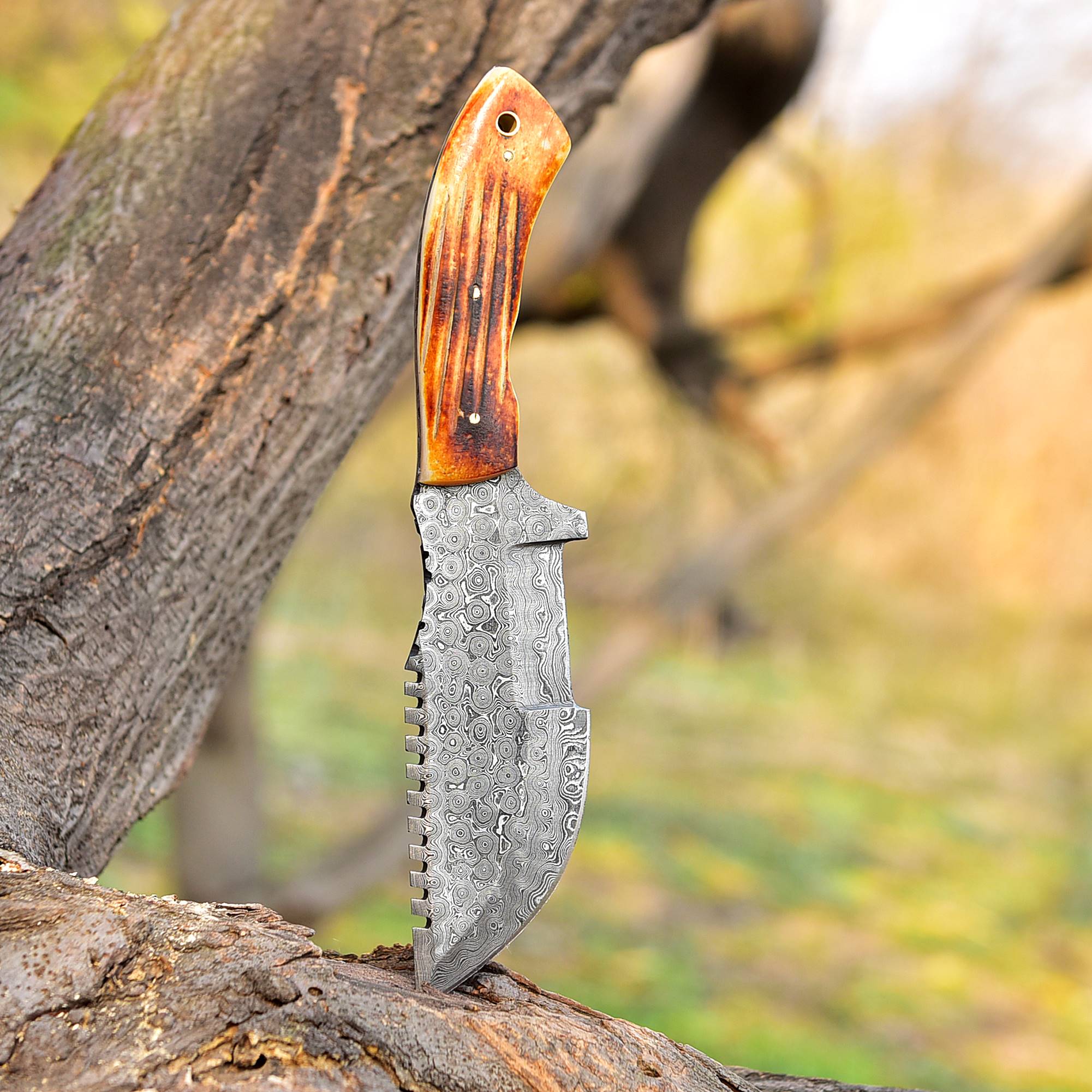 10”Custom Hand Made Forged Damascus Steel Tracker Hunting Camping Knife Bone Handle - Image 3