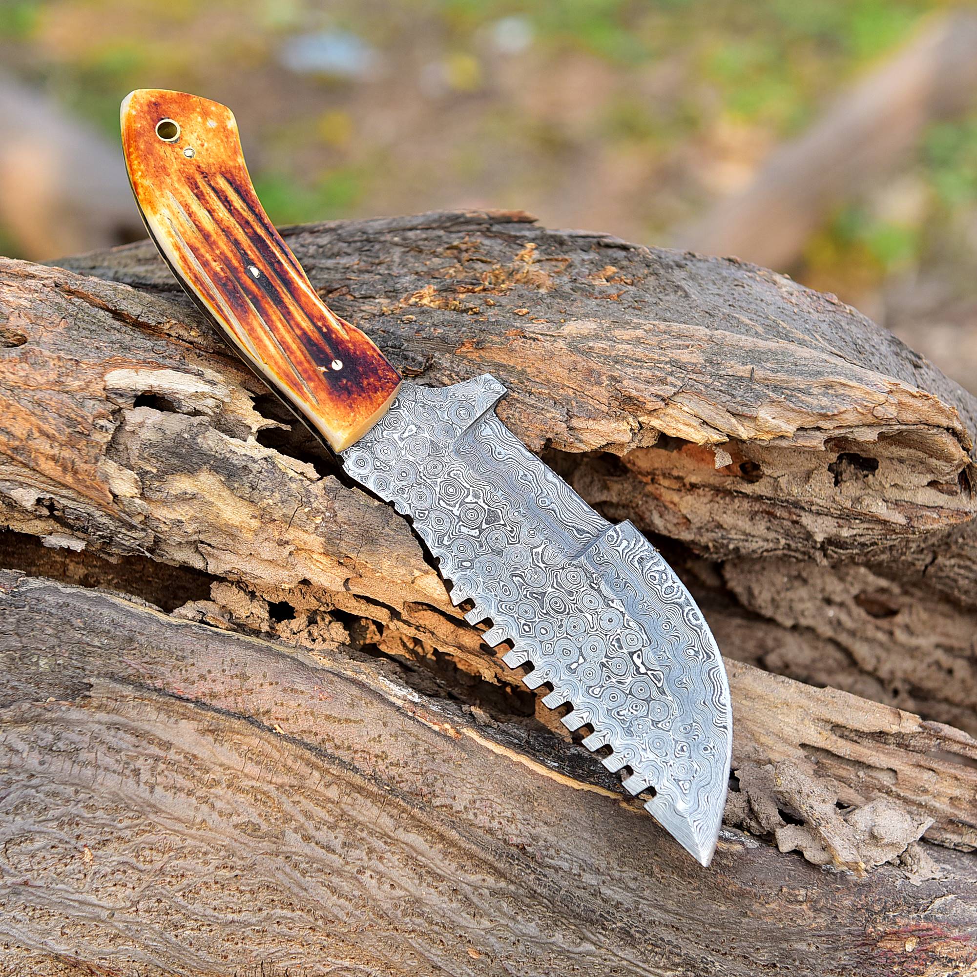 10”Custom Hand Made Forged Damascus Steel Tracker Hunting Camping Knife Bone Handle - Image 4