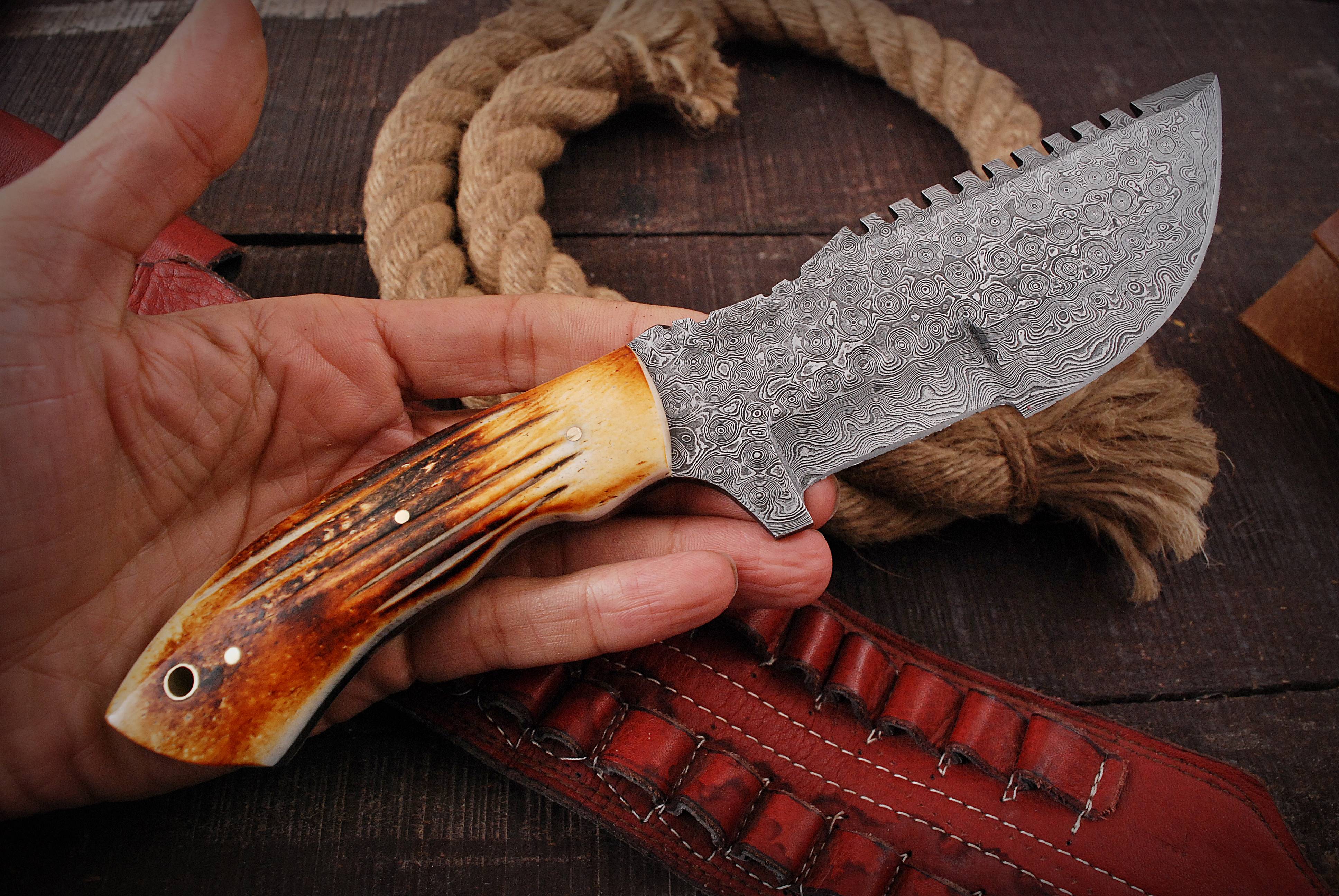 10”Custom Hand Made Forged Damascus Steel Tracker Hunting Camping Knife Bone Handle - Image 8