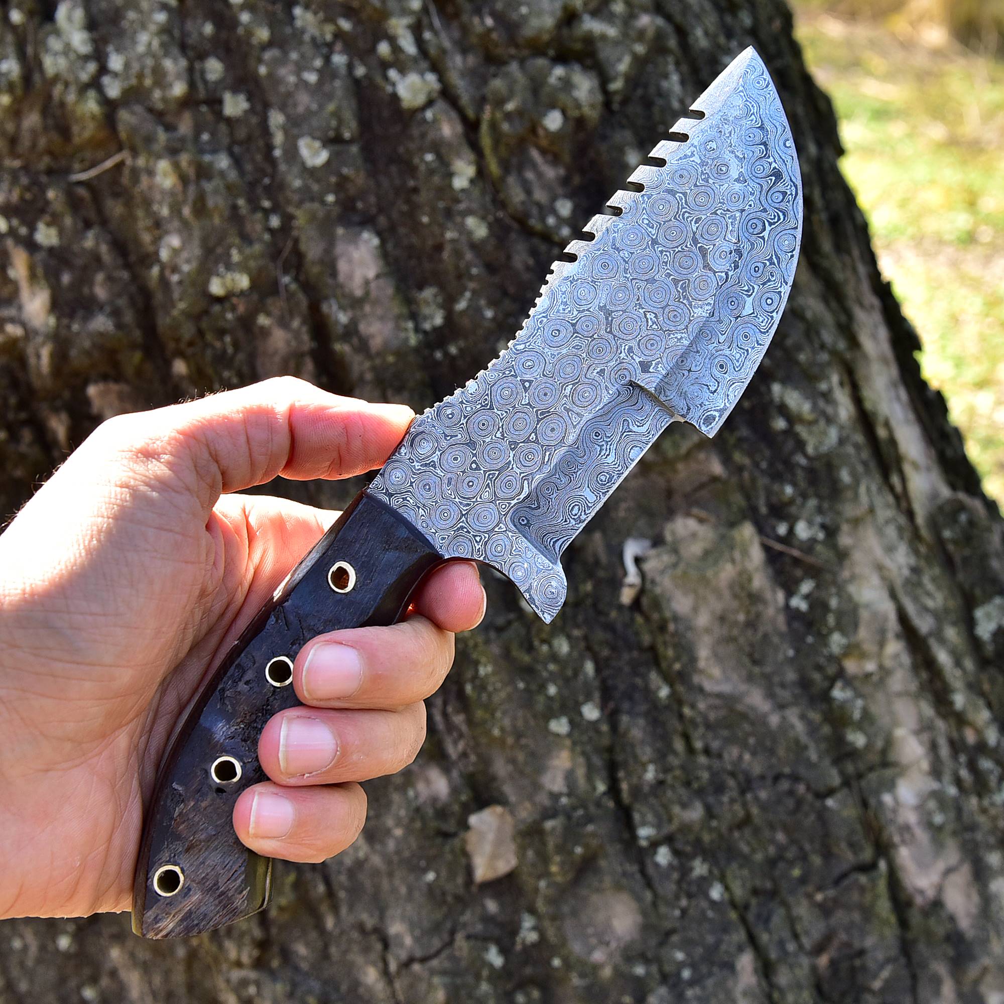 10”Custom Hand Made Forged Damascus Steel Tracker Hunting Camping Knife With Ram Horn Handle x-164 - Image 3