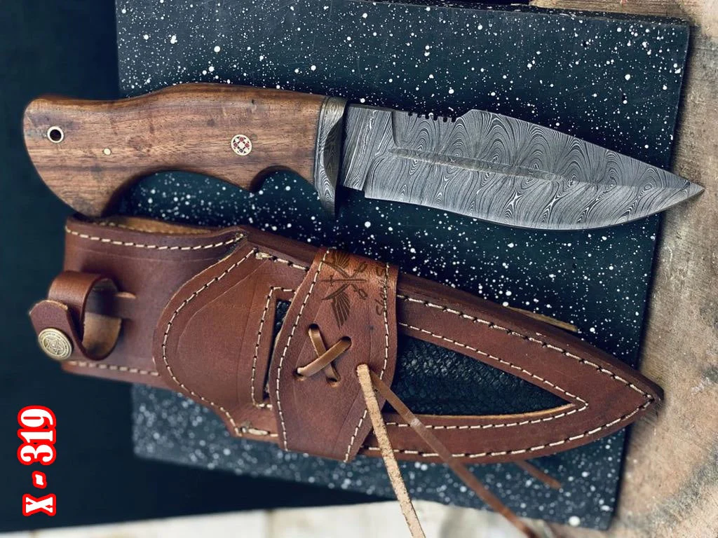 10" Custom Handmade Damascus Hunting Knife with Leather Sheath - Ideal for Skinning Camping Outdoor EDC Fixed Blade Bushcraft Knife with Walnut Wood - Image 3
