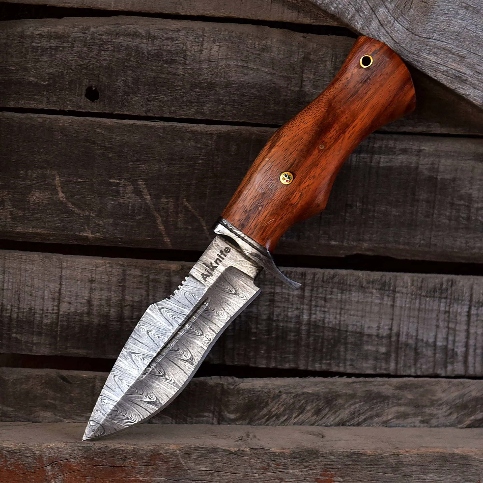10" Custom Handmade Damascus Hunting Knife with Leather Sheath - Ideal for Skinning Camping Outdoor EDC Fixed Blade Bushcraft Knife with Walnut Wood - Image 6