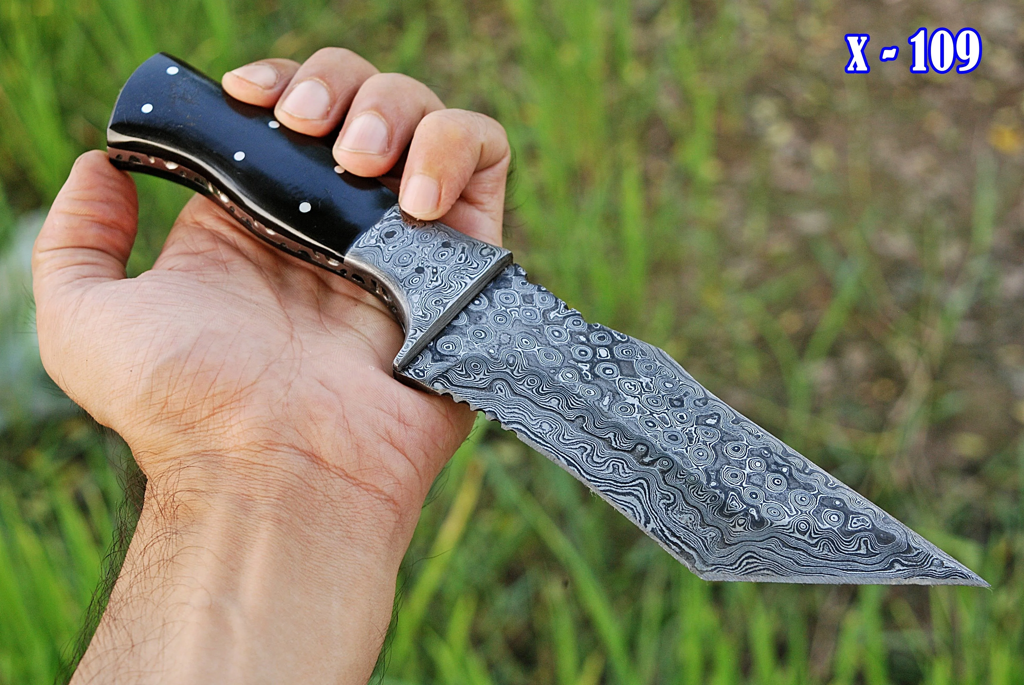 10" Handmade Damascus Steel fixed Tanto Blade Bull Cutter Tracker knife with sheath x-109 - Image 4