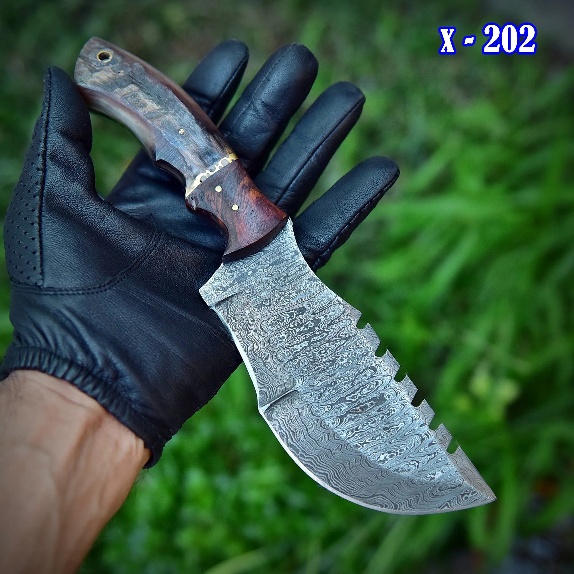 10" Handmade Damascus Steel Hunting Tracker Knife With Ram Horn & Cocobolo Wood Handle - Image 3