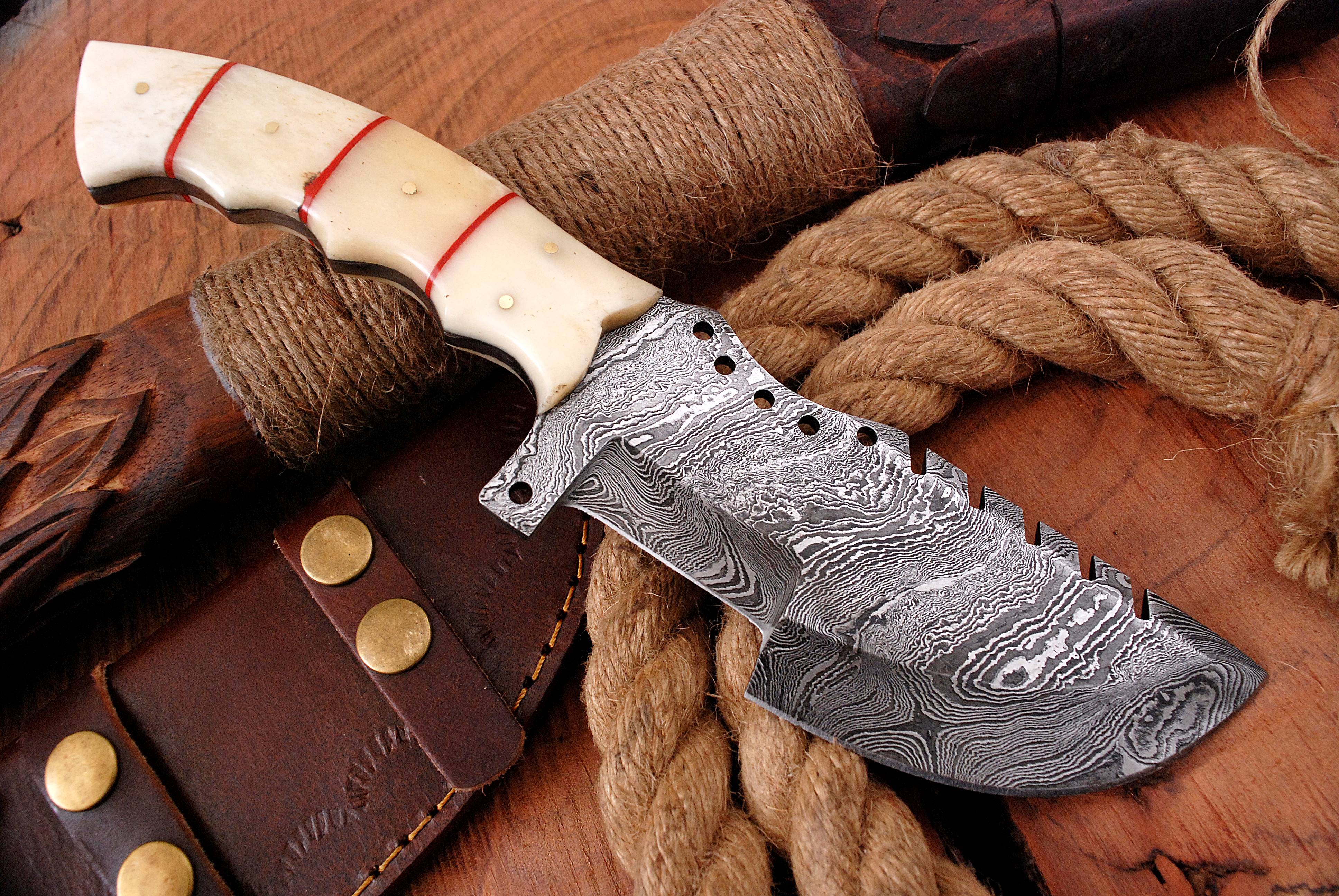 10" Handmade Damascus Survival Knife - Bone Handle with Genuine Leather Sheath x-141 - Image 3