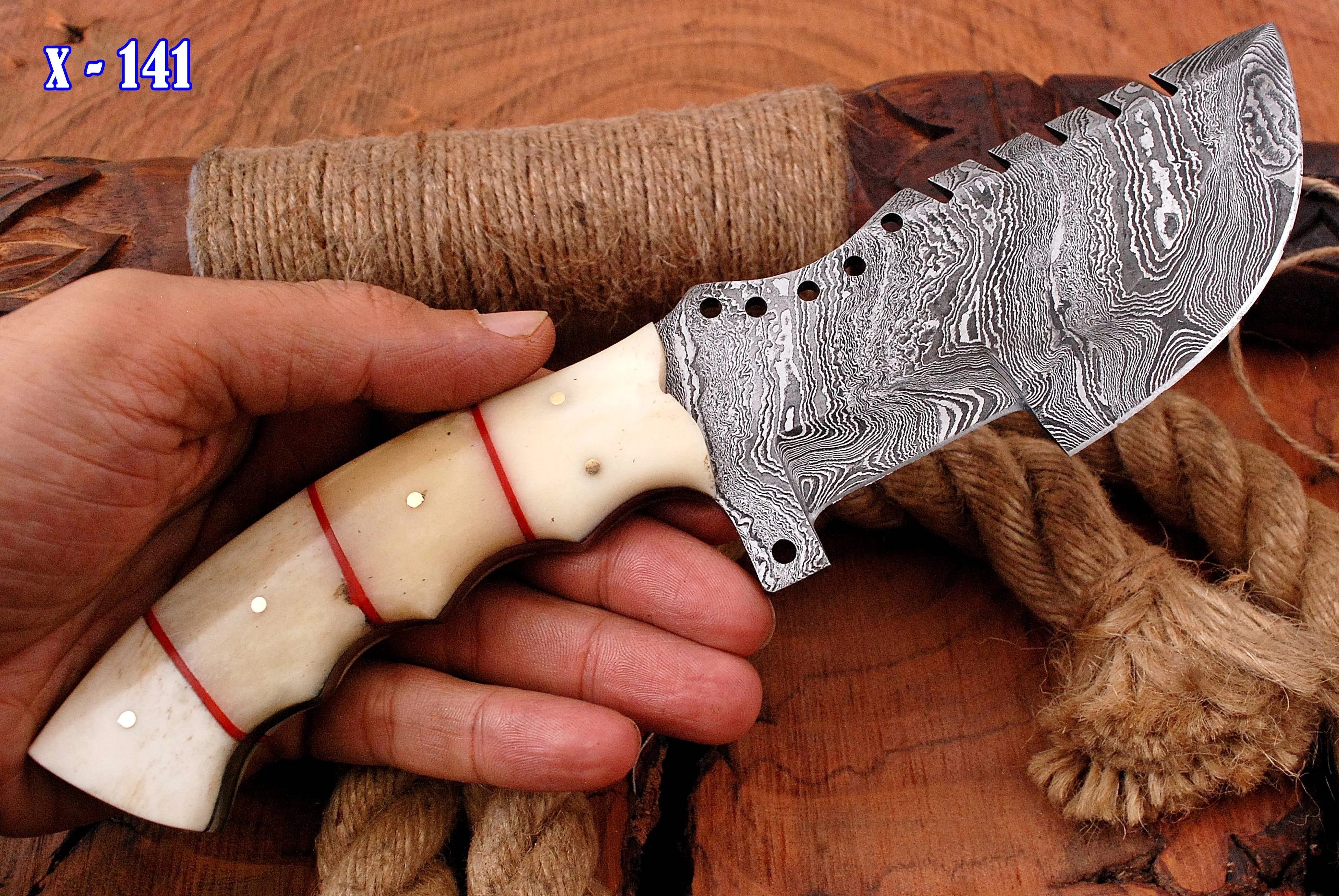 10" Handmade Damascus Survival Knife - Bone Handle with Genuine Leather Sheath x-141 - Image 4