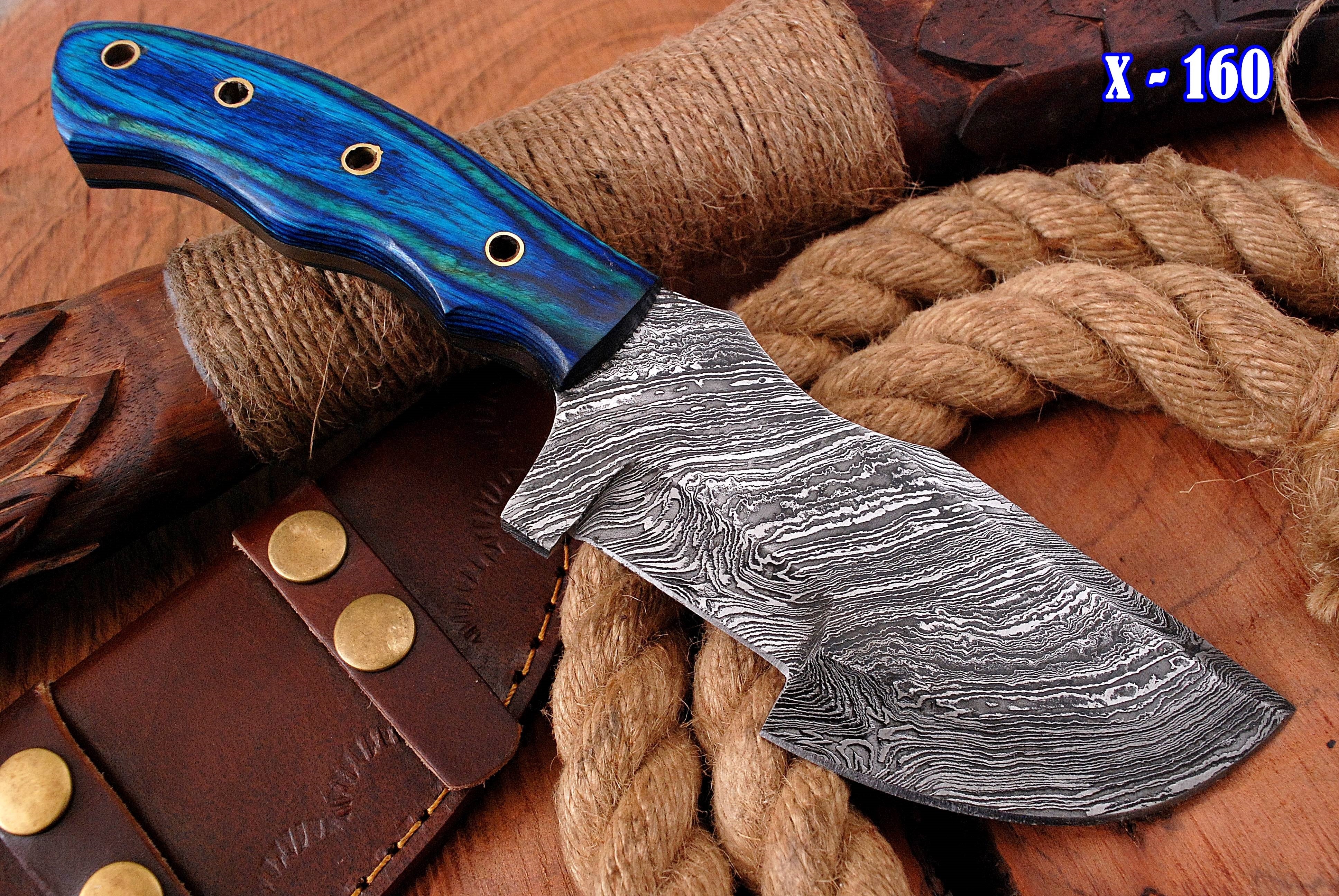 10' Tracker Knife Forged Damascus Steel Full Tang Hunting Knives Blue Stain Wood Handle - Image 3