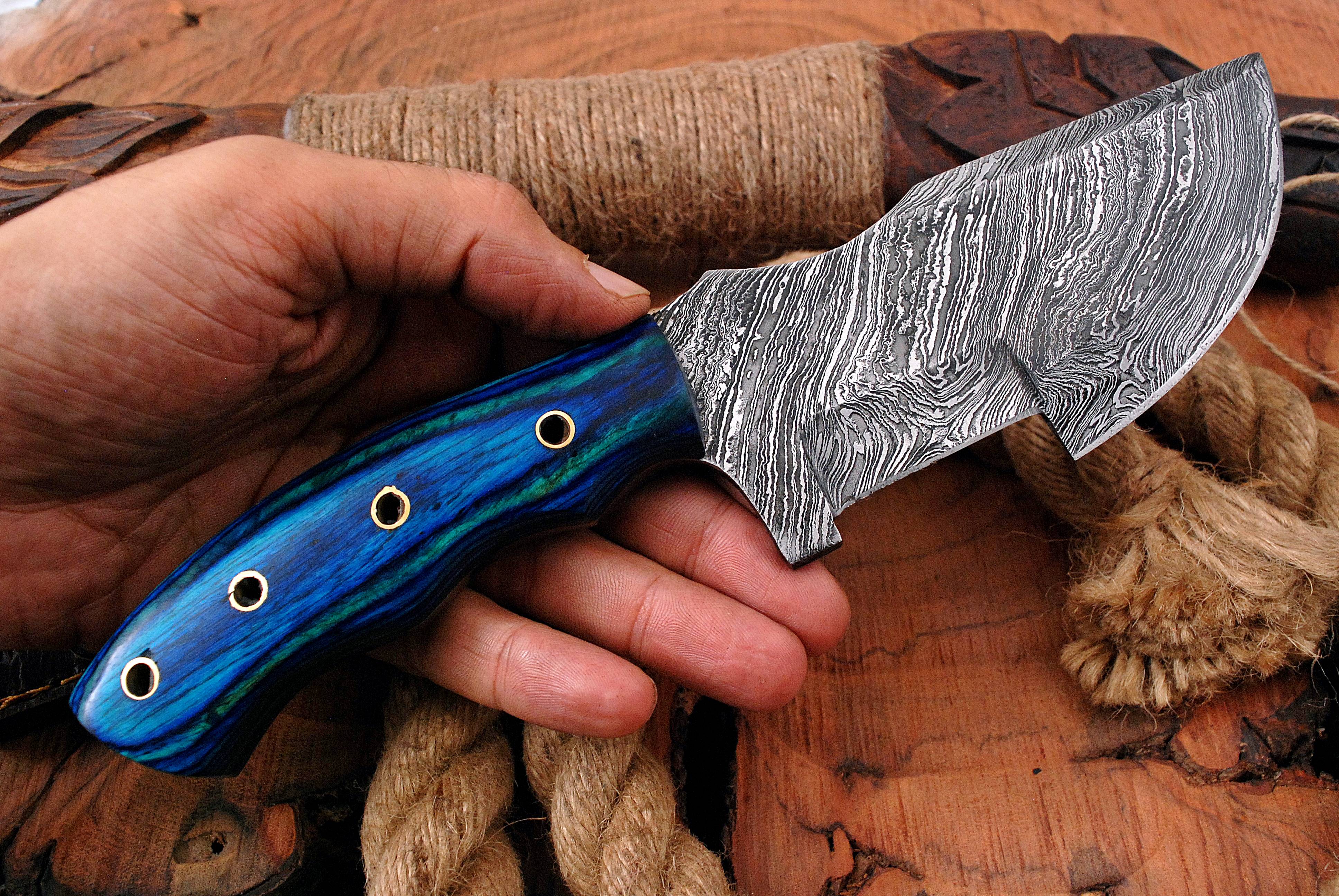 10' Tracker Knife Forged Damascus Steel Full Tang Hunting Knives Blue Stain Wood Handle - Image 4