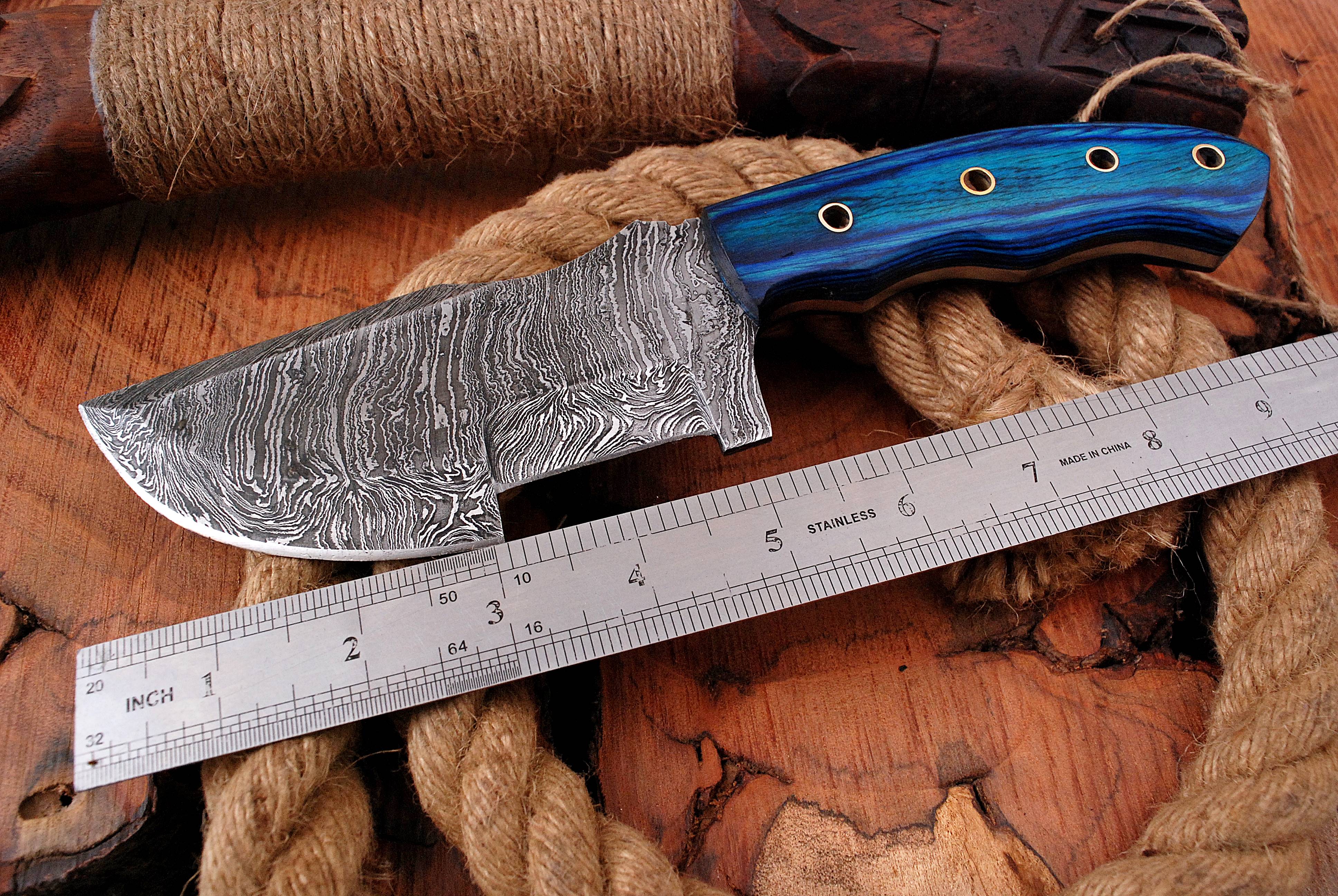 10' Tracker Knife Forged Damascus Steel Full Tang Hunting Knives Blue Stain Wood Handle - Image 5