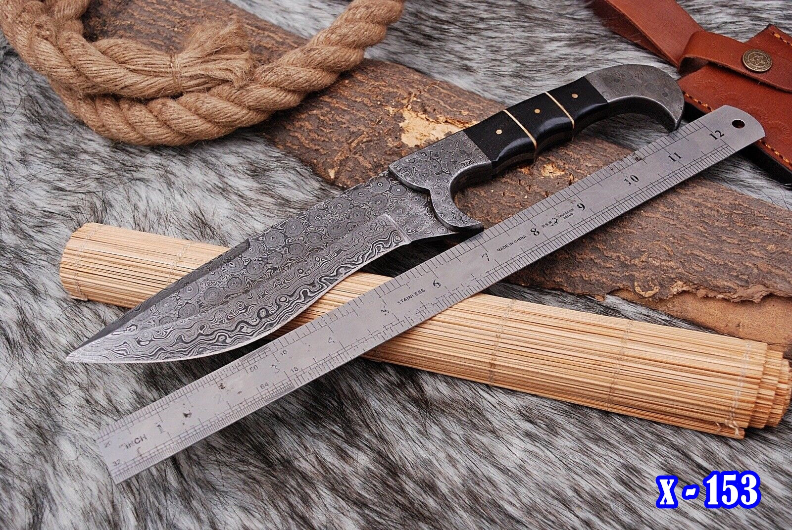 12 Custom Made Hunting Bowie knife Full Tang-bull Horn Handle with Genuine Leather sheath - Image 3