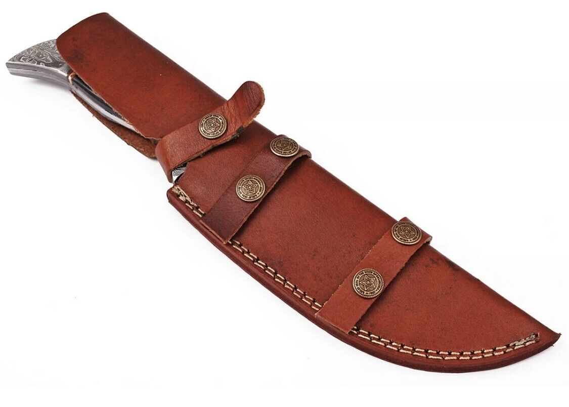 12 Custom Made Hunting Bowie knife Full Tang-bull Horn Handle with Genuine Leather sheath - Image 5