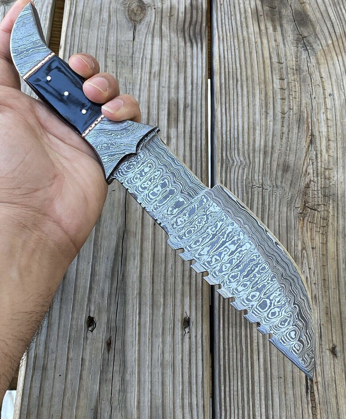 12" Damascus Steel Hunting Bowie Tracker Knife Full Tang with Leather Sheath - Image 3