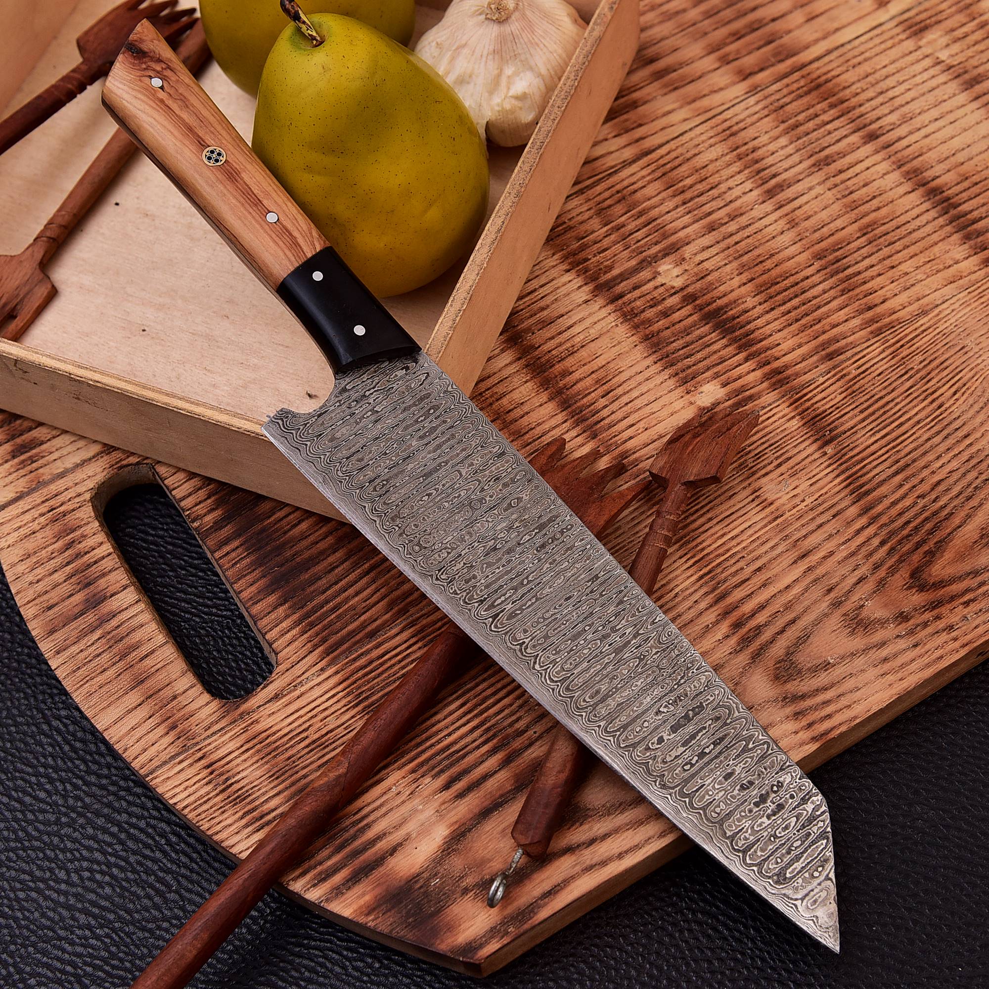 12" Handmade Damascus Chef Knife Wood & Horn Handle, 8" inch Damascus Blade VG10 Cooking Knife - Image 2