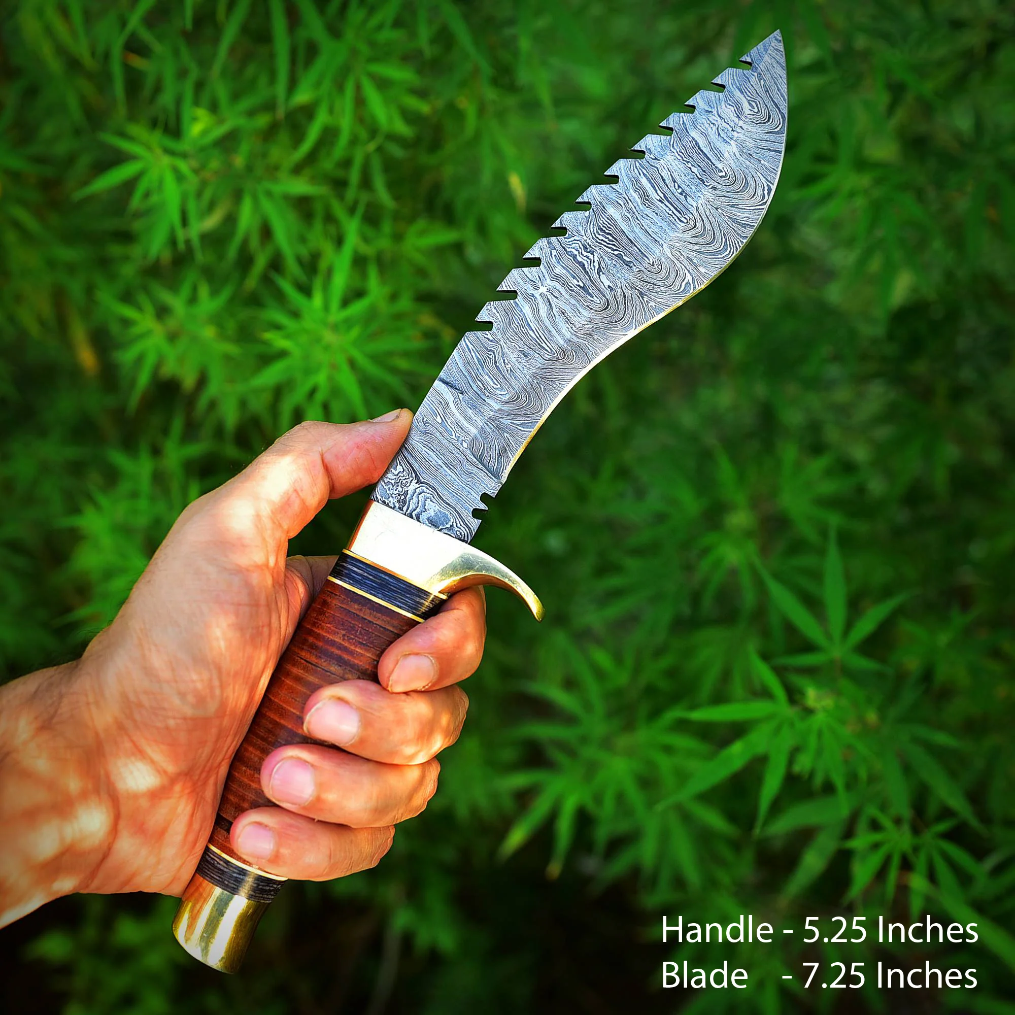 12" Handmade Damascus Steel Fixed Blade Gurkha Kukri Knife Leather Handle & Sheath Brass Guard - Image 4