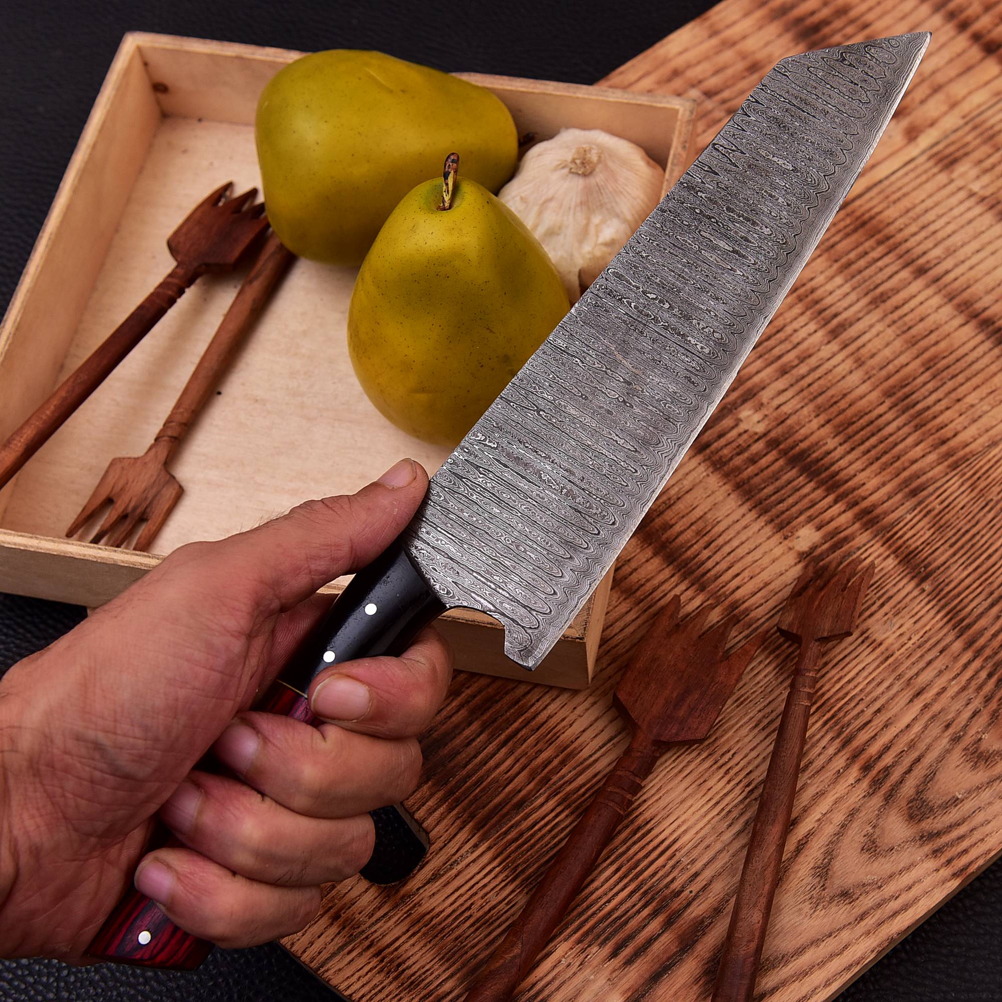 12" Handmade Damascus Steel Forged Chef Knife Resin & Wood Handle - Image 5