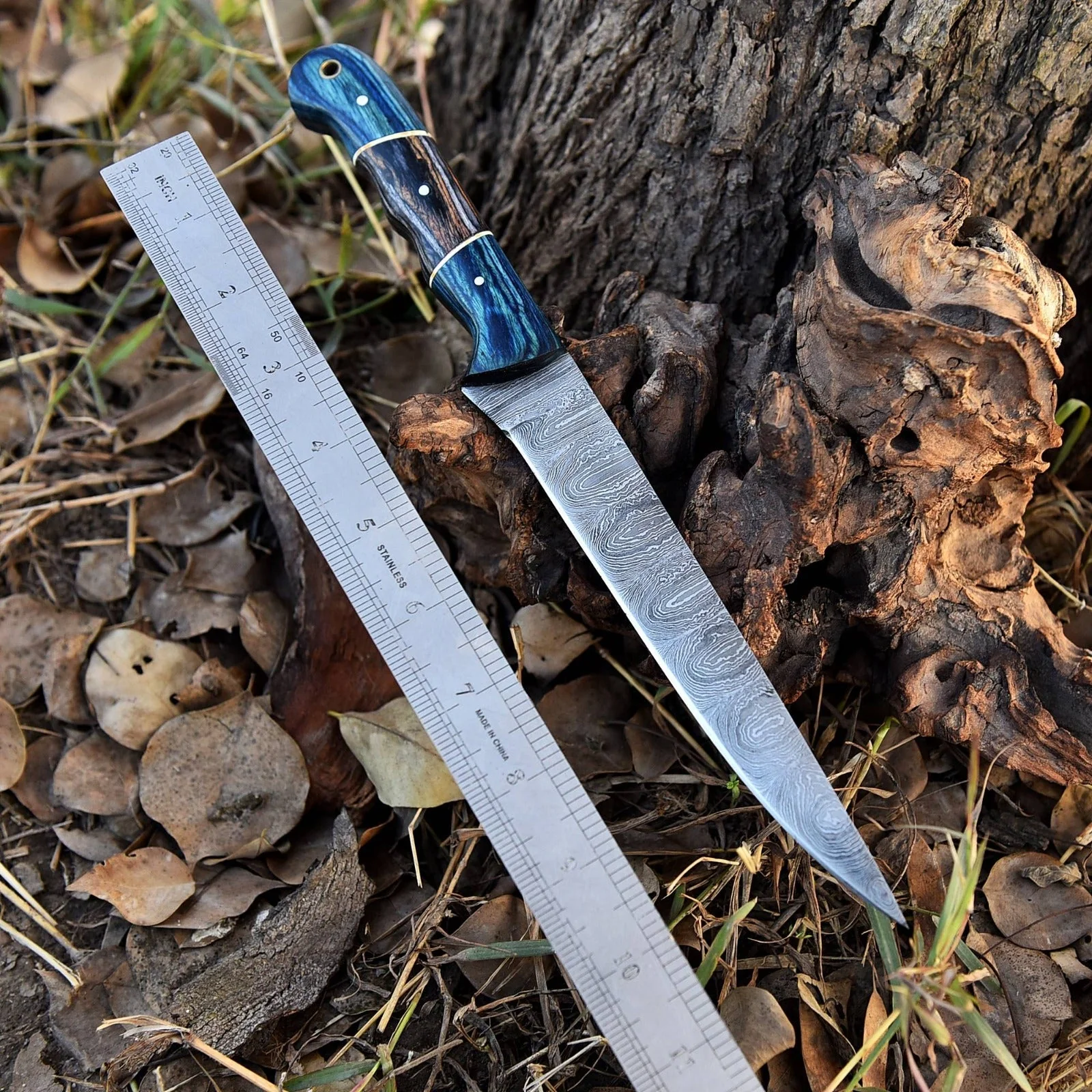 12" Handmade Fillet Damascus Chef Knife Blue Stain Wood Handle - Image 5
