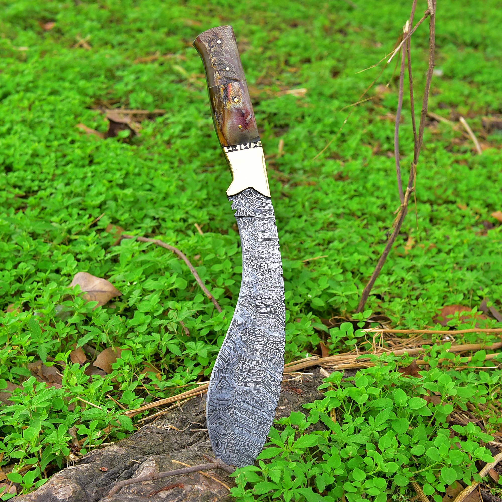 16" Custom Handmade Forged Damascus Steel Traditional Kukri Knife With Original Ram Horn Handle - Image 4