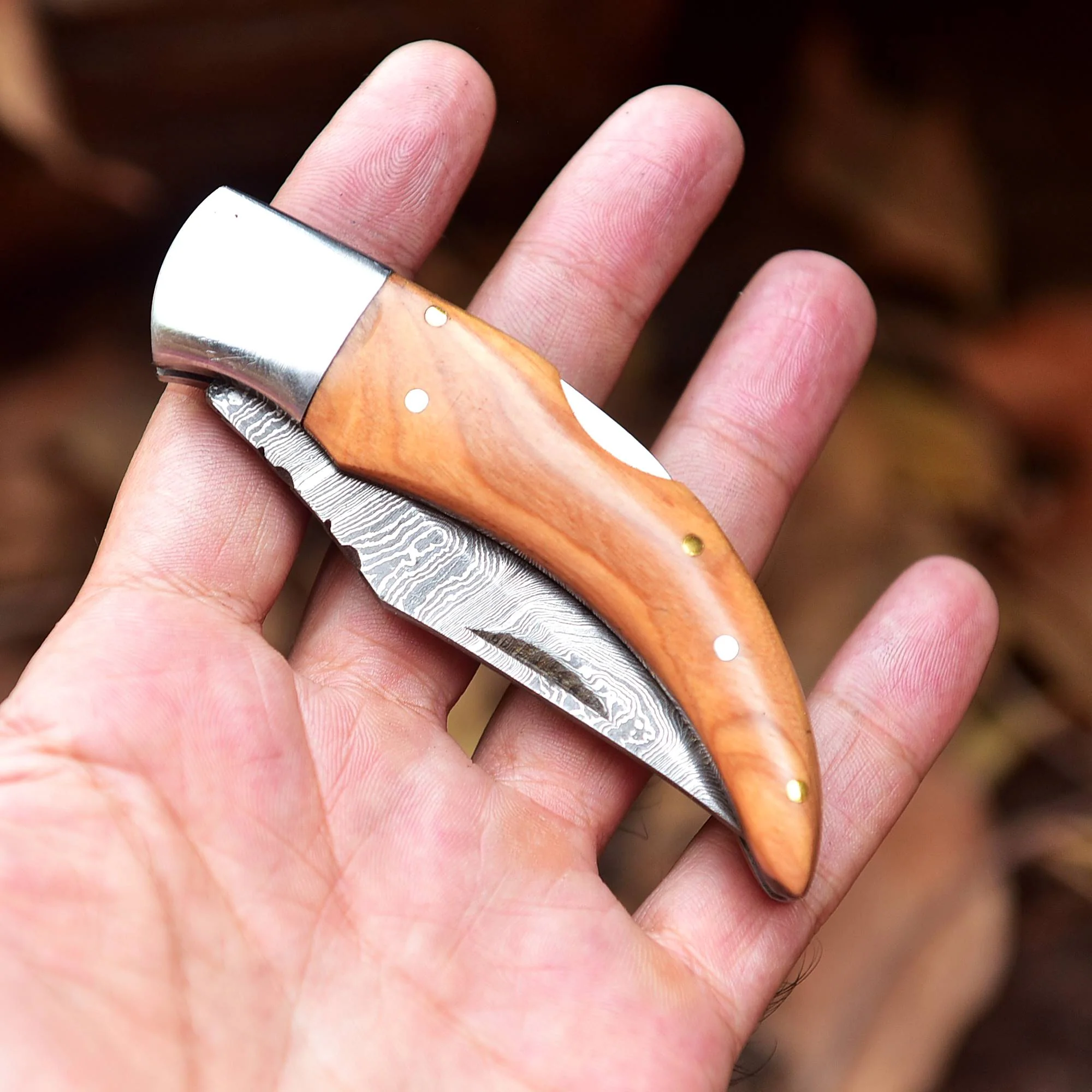 7" Handmade Damascus - Folding Back Lock - Ash Wood Handle - Image 4