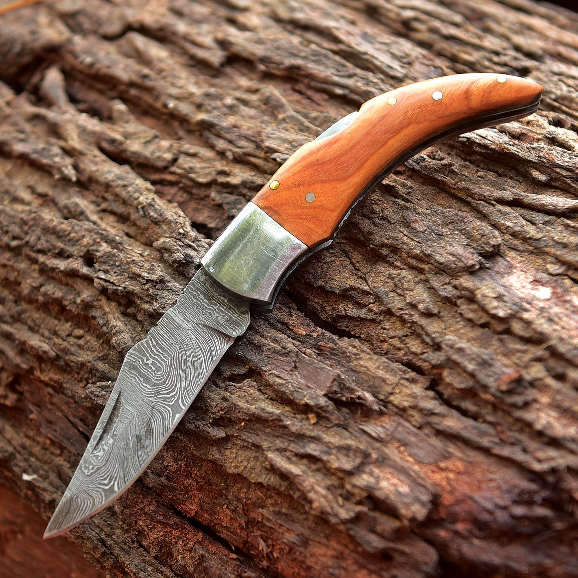 7" Handmade Damascus - Folding Back Lock - Ash Wood Handle - Image 5