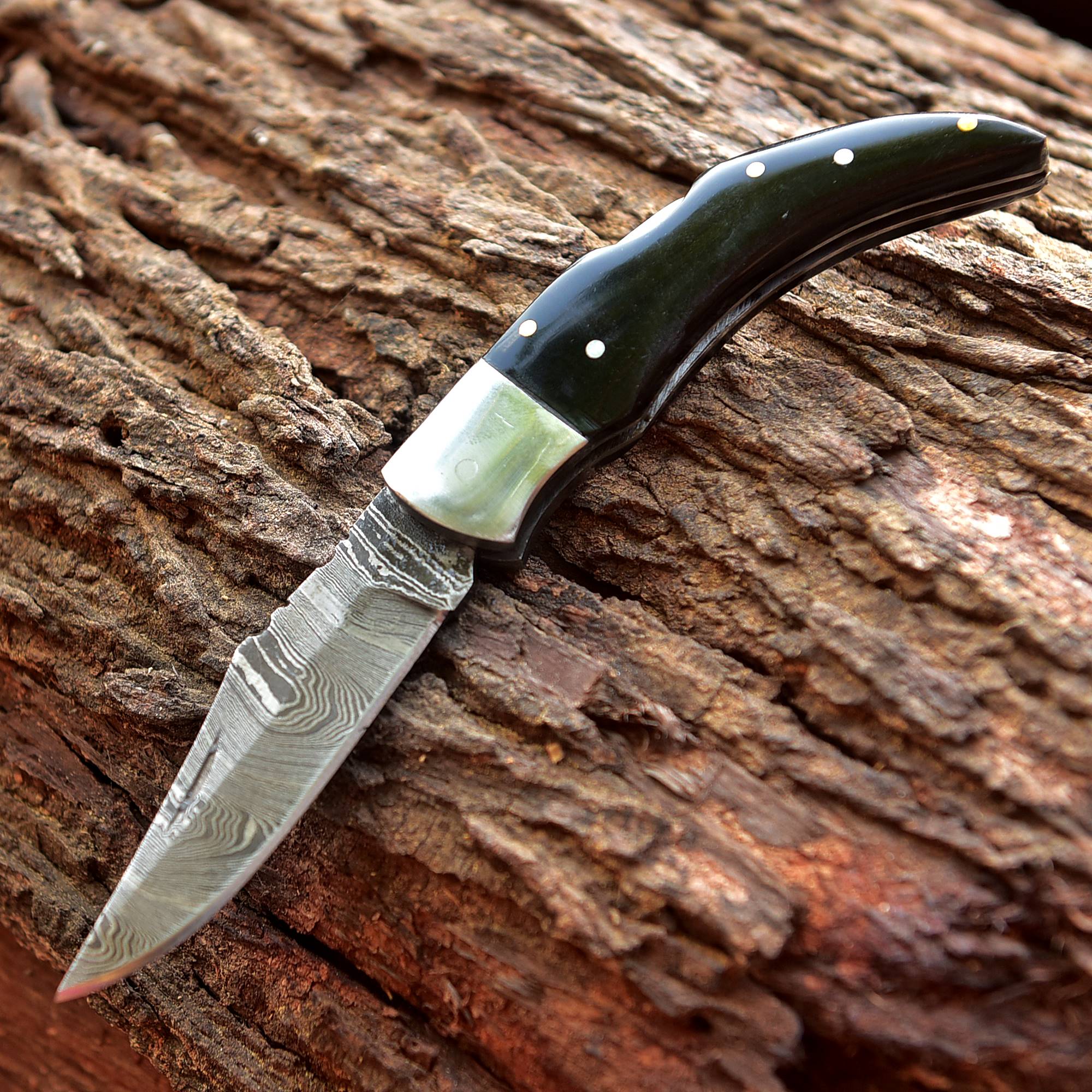 7" Handmade Damascus Pocket Knife - Folding Pocket Knife - Bull Horn Handle - Image 5