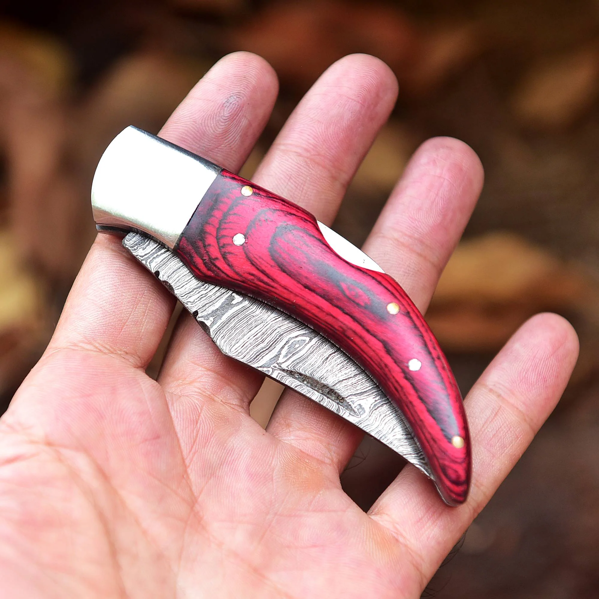 7" Handmade Damascus Pocket Knife - Folding Pocket Knife - Red Black PakkaWood Handle - Image 2