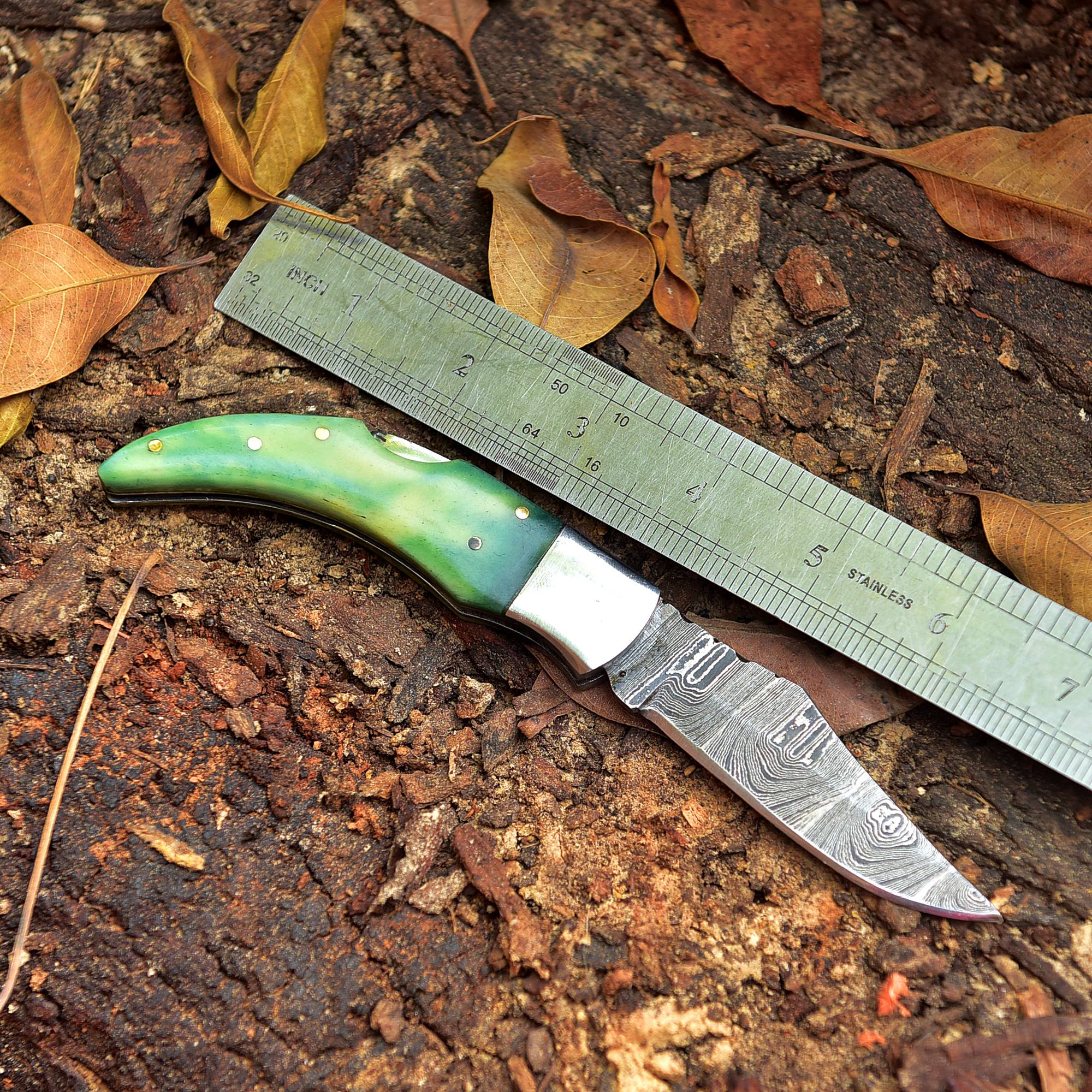 7" Handmade Damascus Steel Pocket Knife - Folding Blade Knife - Bone Handle - Image 3