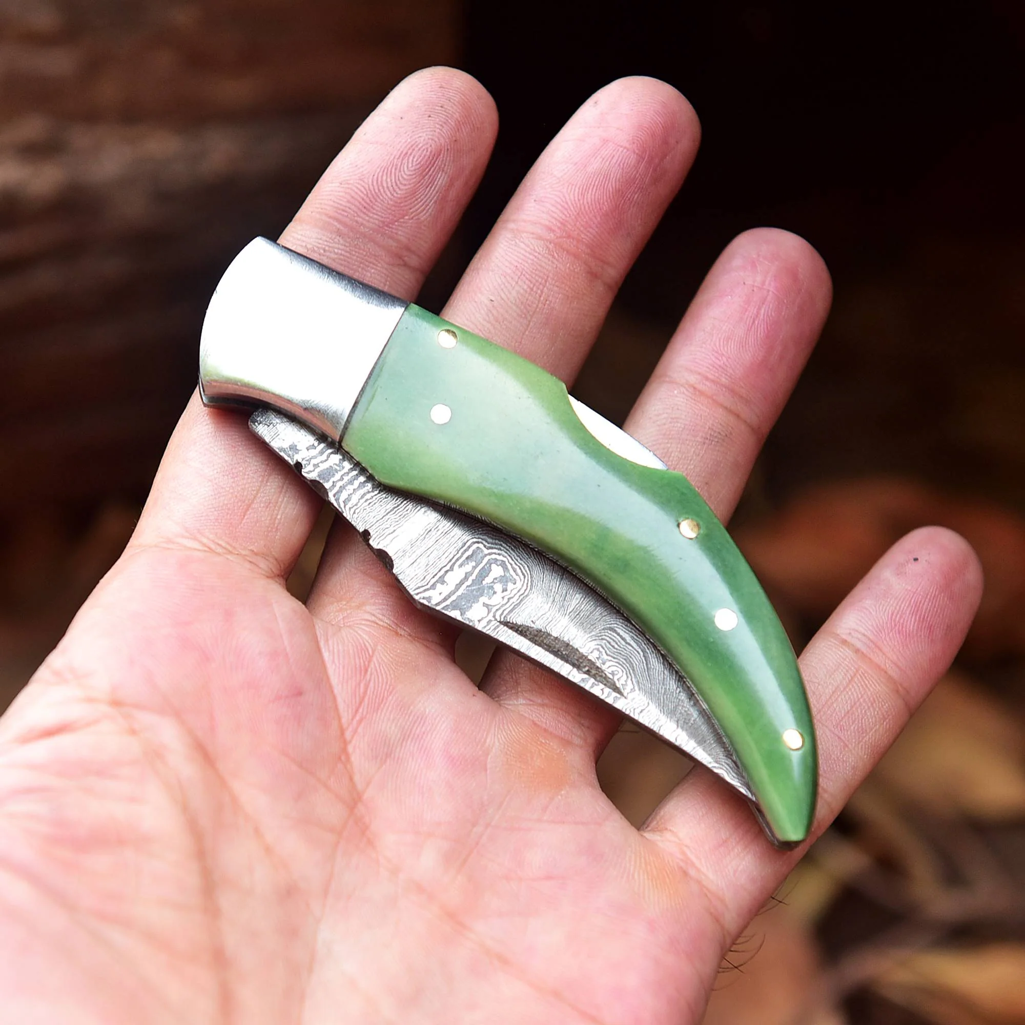 7" Handmade Damascus Steel Pocket Knife - Folding Blade Knife - Bone Handle - Image 4
