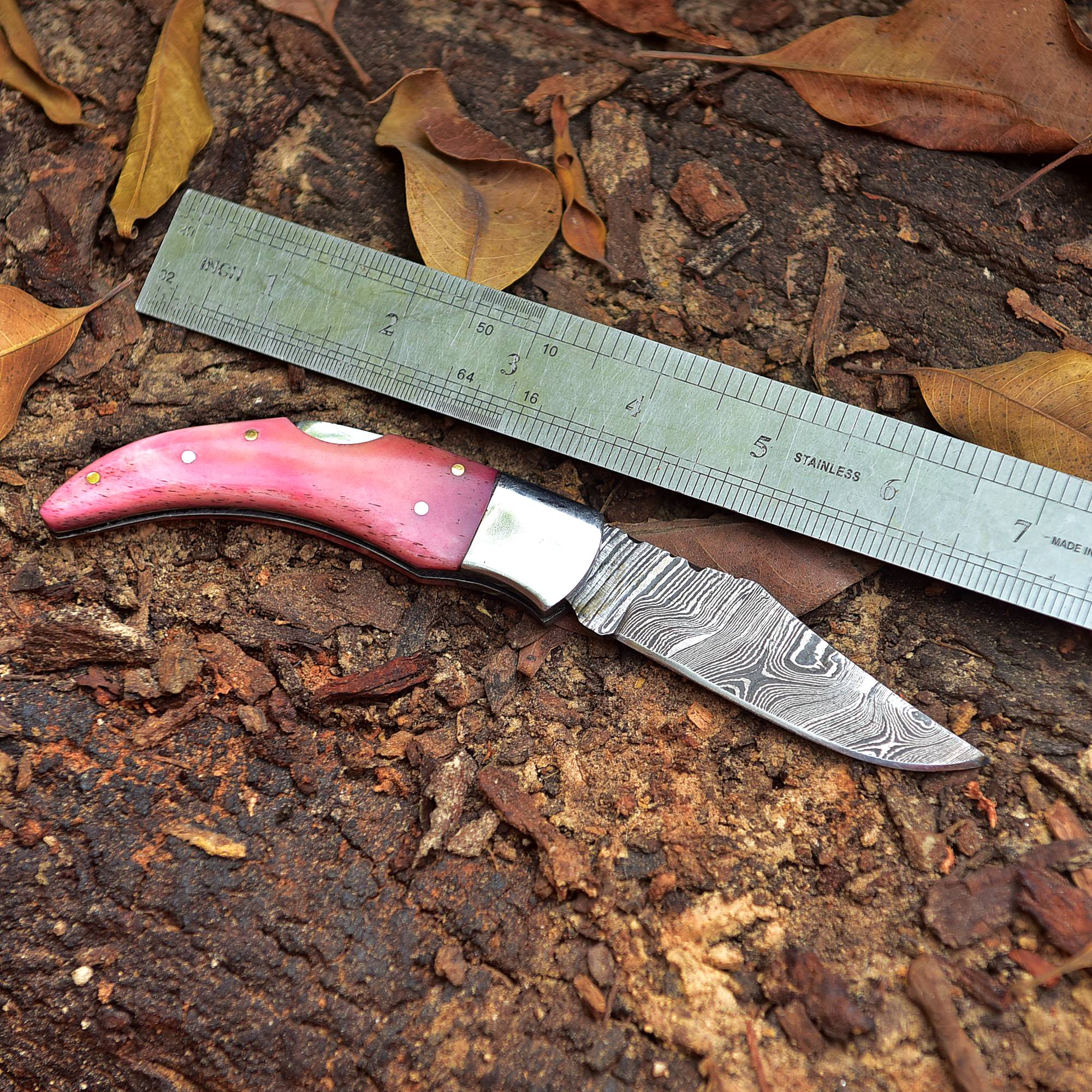 7" Handmade Damascus Steel Pocket Knife - Folding Blade Knife - Bone Handle - Pink - Image 4