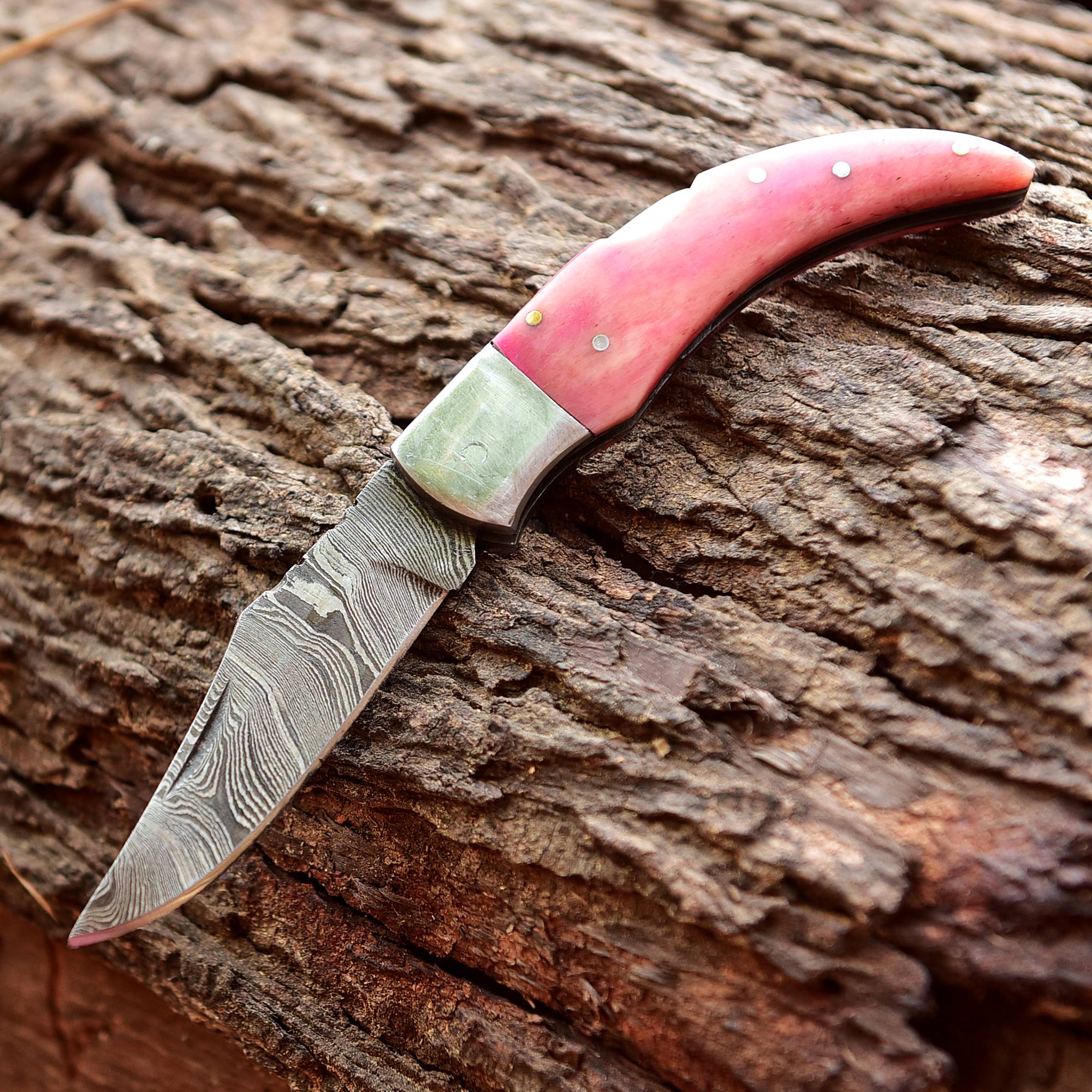 7" Handmade Damascus Steel Pocket Knife - Folding Blade Knife - Bone Handle - Pink - Image 5