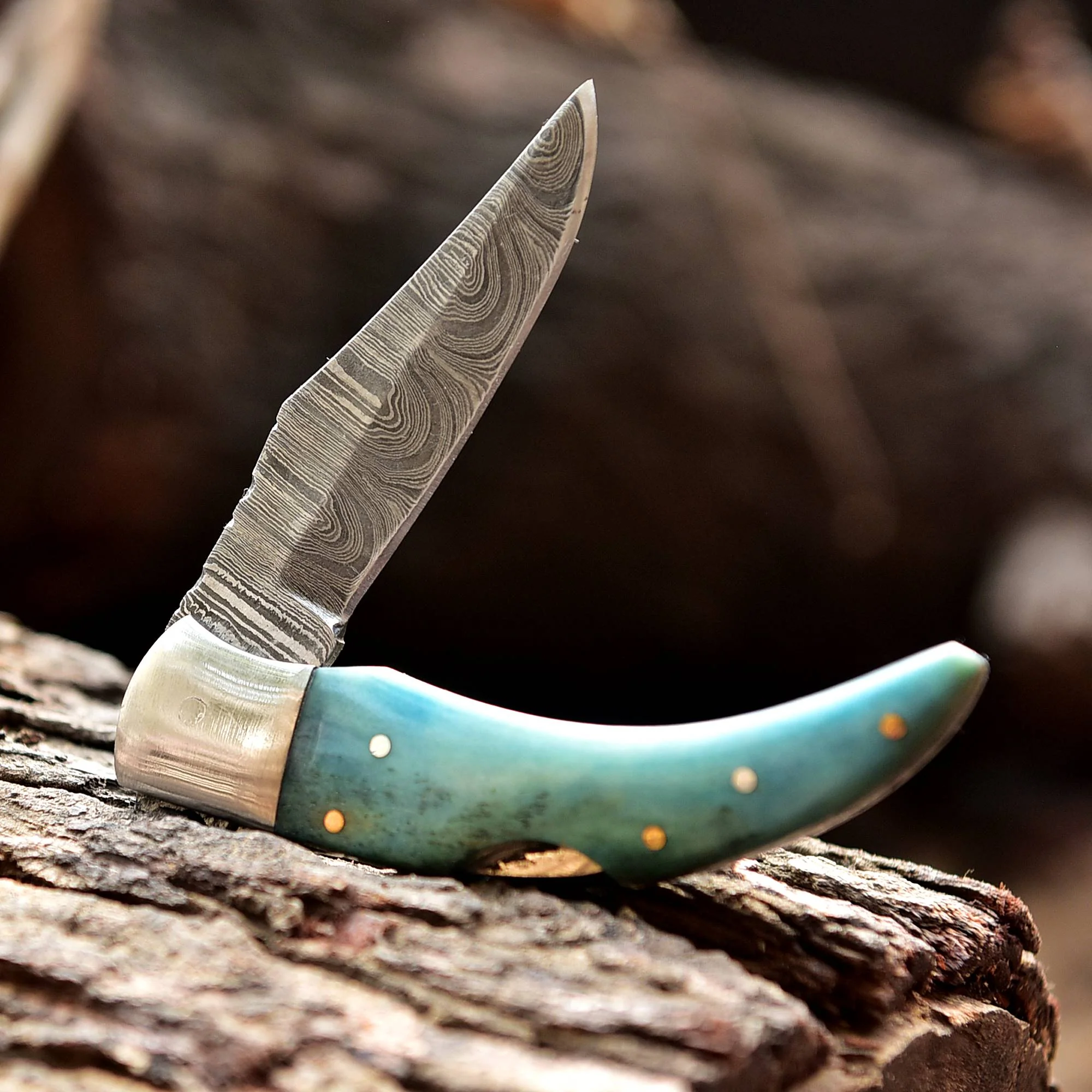 7" Handmade Damascus Steel Pocket Knife - Folding Blade Knife - SkyBlue Bone Handle - Image 2