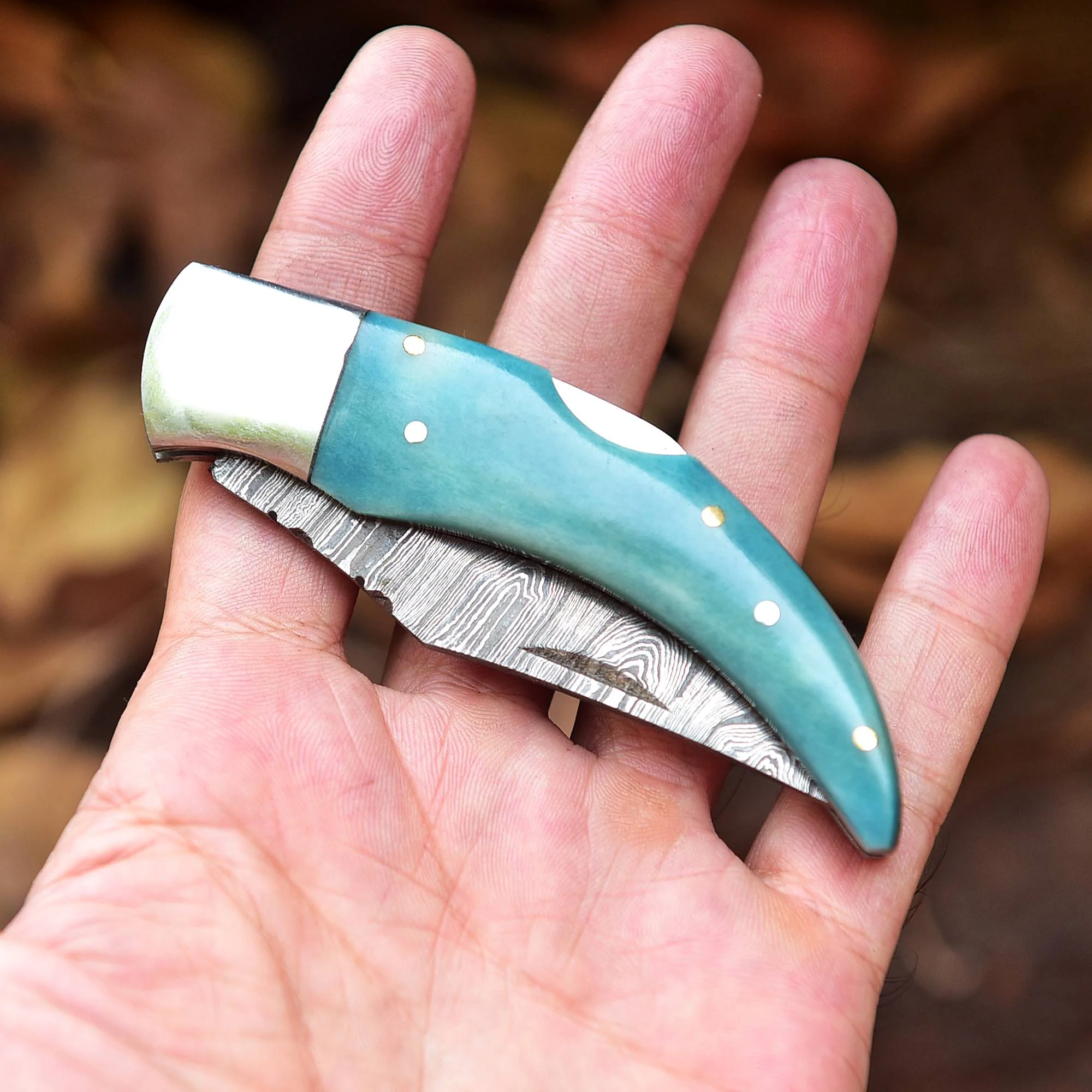 7" Handmade Damascus Steel Pocket Knife - Folding Blade Knife - SkyBlue Bone Handle - Image 3