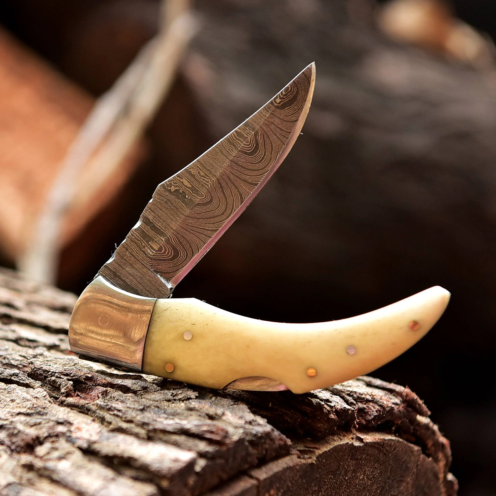 7" Handmade Forged Damascus Pocket Knife - Folding Blade Knife - Bone Handle - Image 2