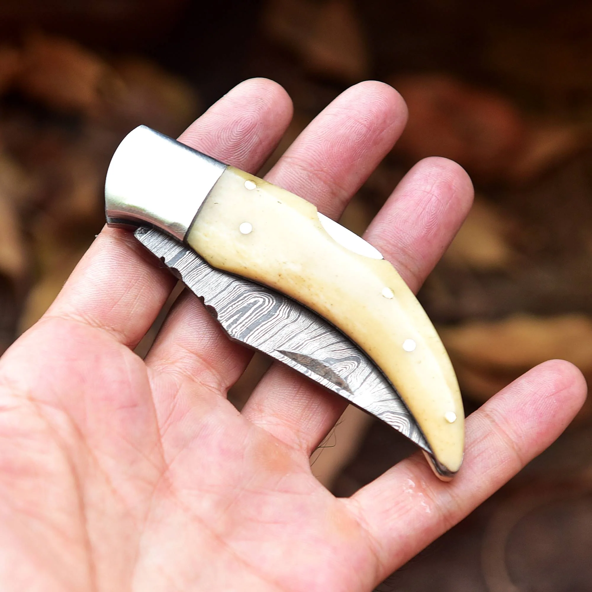 7" Handmade Forged Damascus Pocket Knife - Folding Blade Knife - Bone Handle - Image 3