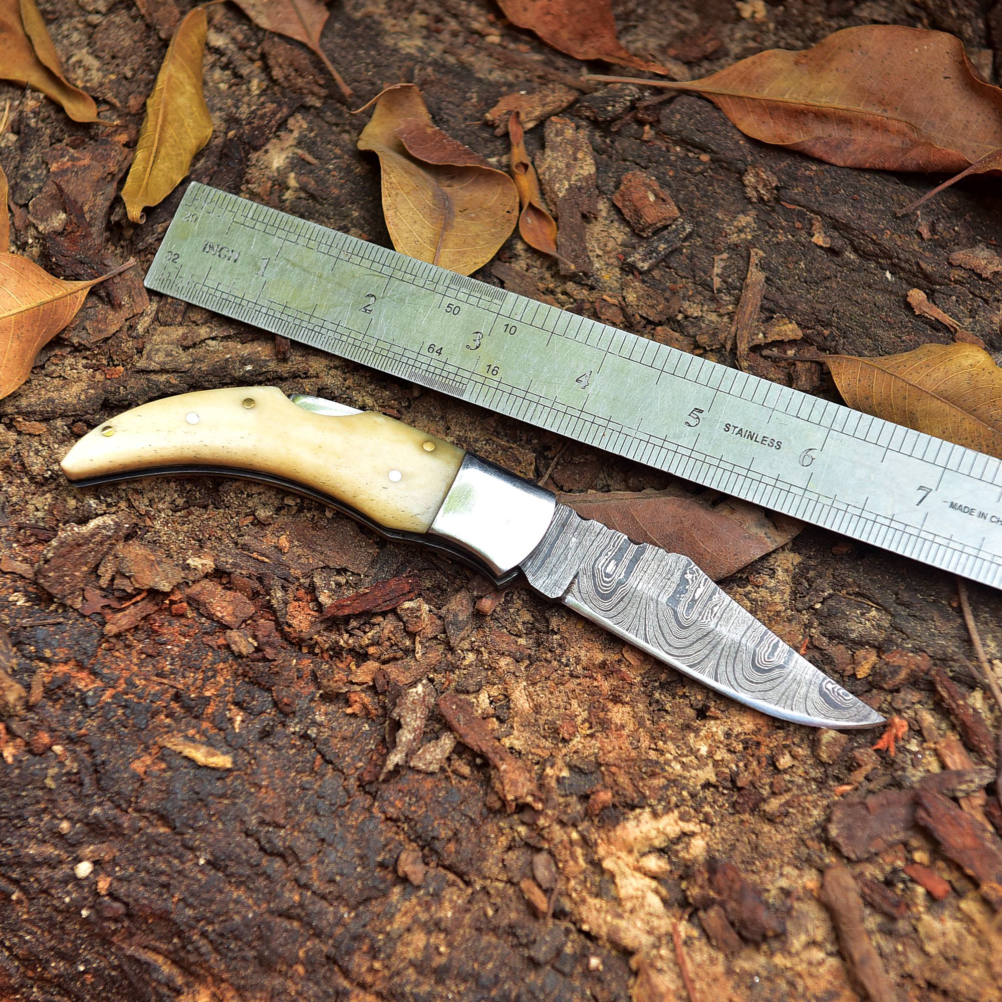 7" Handmade Forged Damascus Pocket Knife - Folding Blade Knife - Bone Handle - Image 4