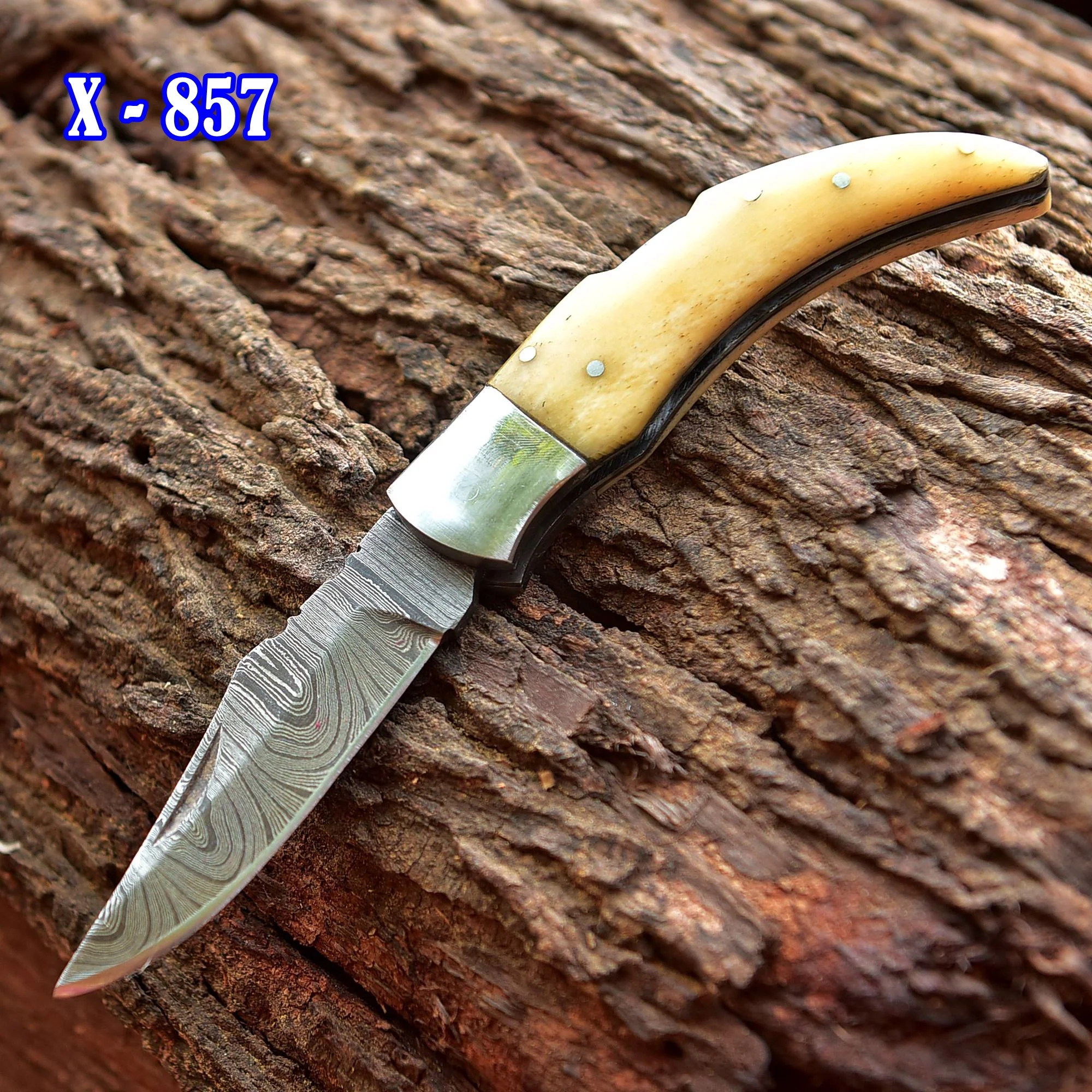 7" Handmade Forged Damascus Pocket Knife - Folding Blade Knife - Bone Handle - Image 5