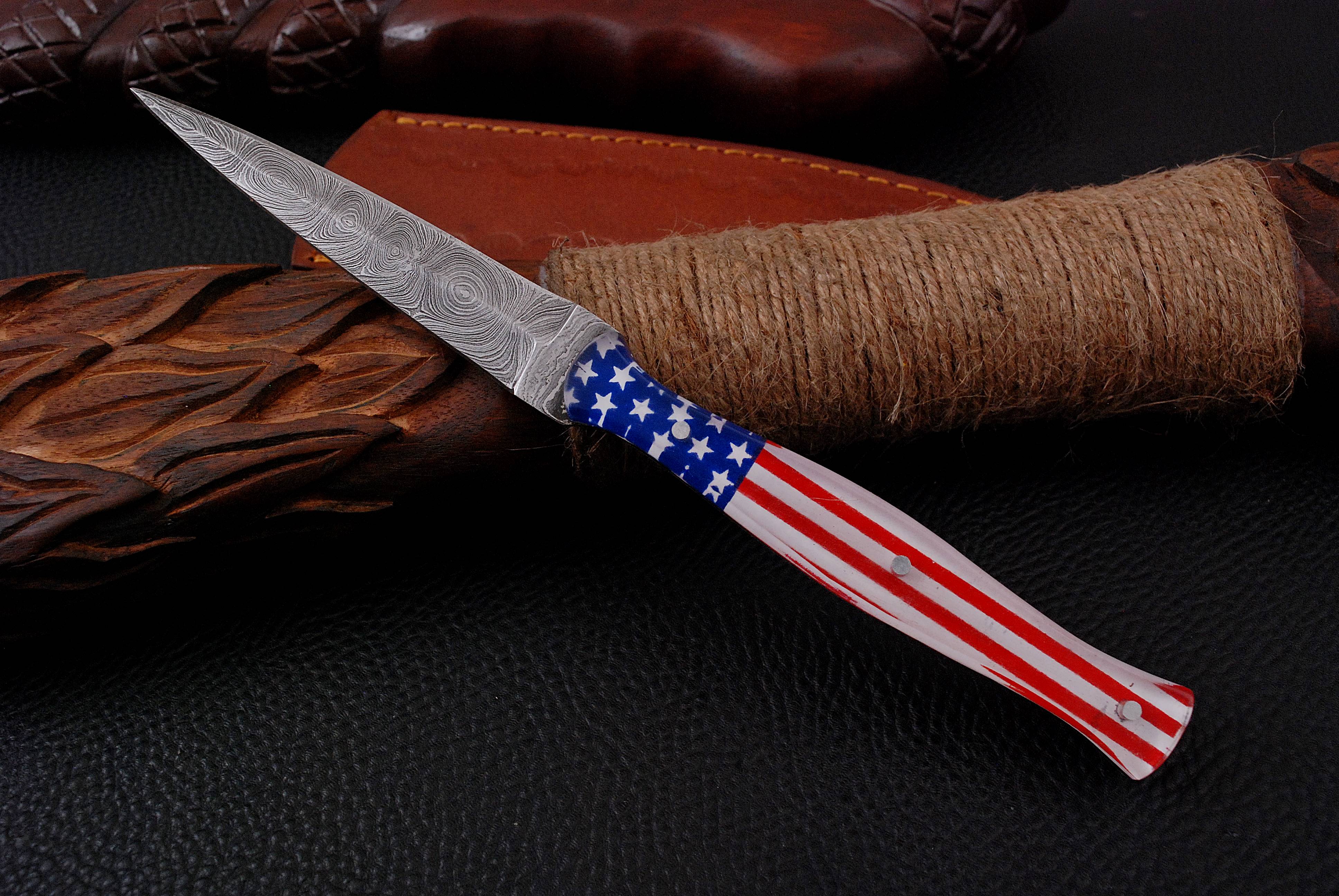 8.5" Damascus Knife US Flag Handle Ideal Boot Fixed Dagger with Leather Sheath x-128 - Image 10