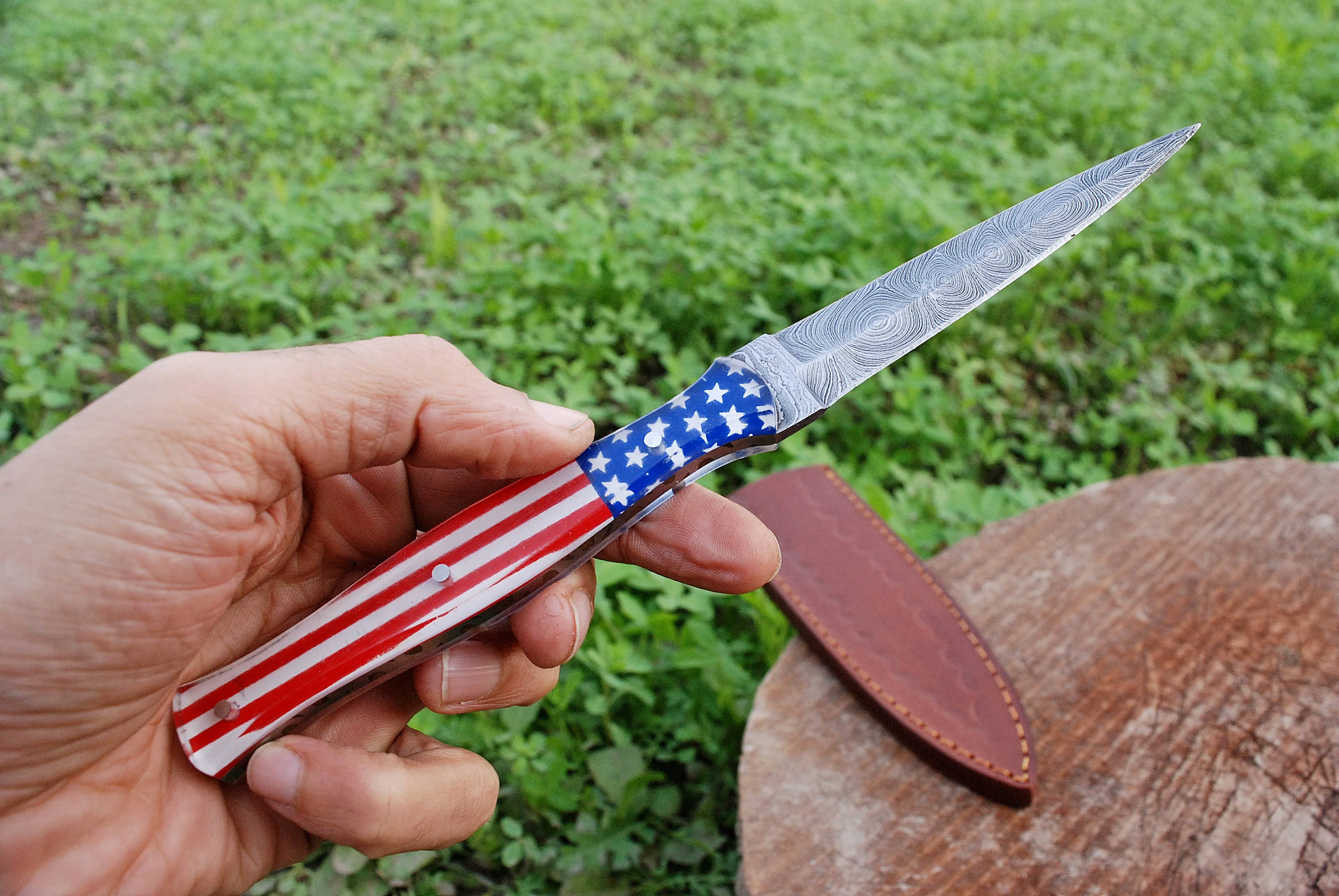 8.5" Damascus Knife US Flag Handle Ideal Boot Fixed Dagger with Leather Sheath x-128 - Image 5