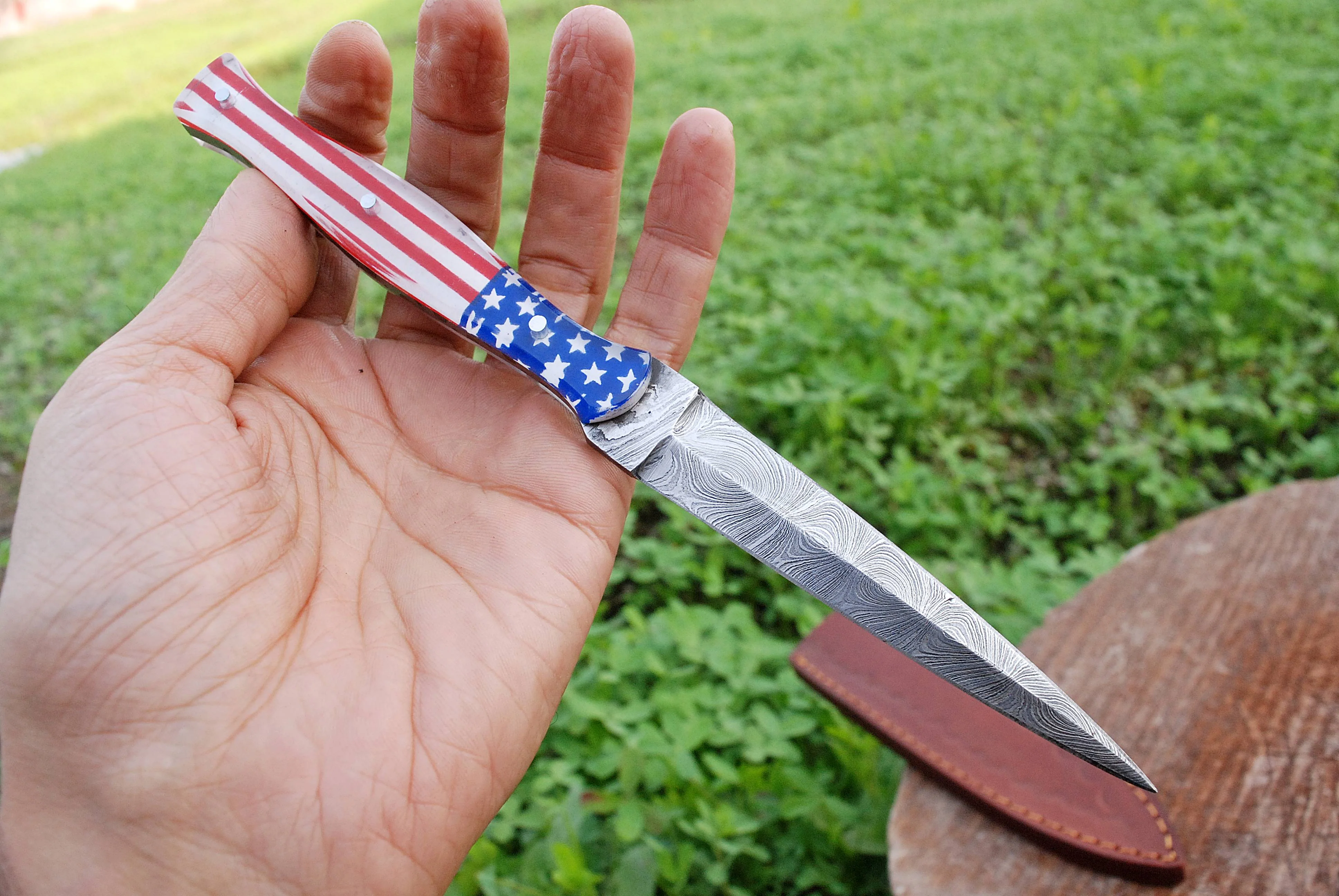 8.5" Damascus Knife US Flag Handle Ideal Boot Fixed Dagger with Leather Sheath x-128 - Image 6