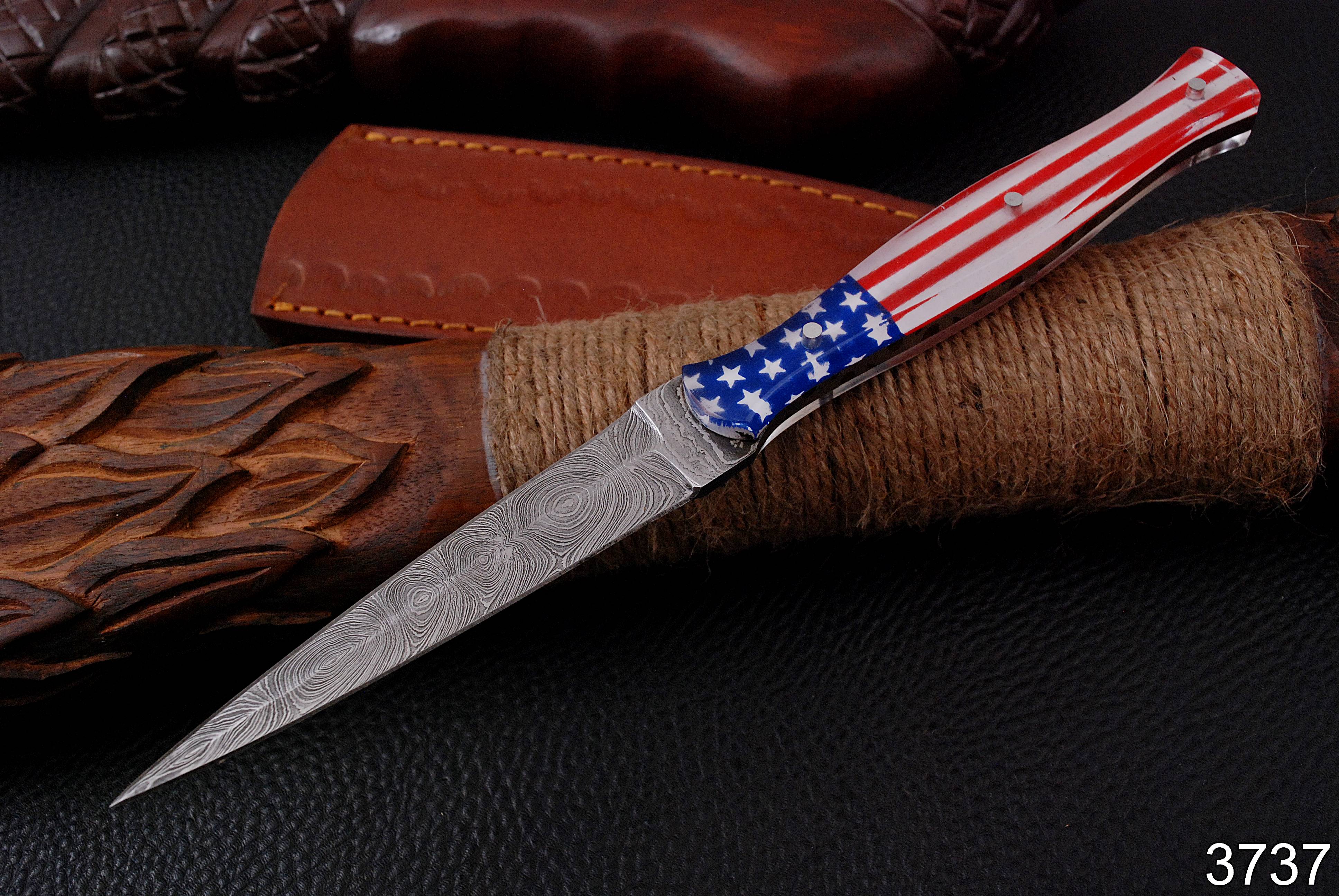 8.5" Damascus Knife US Flag Handle Ideal Boot Fixed Dagger with Leather Sheath x-128 - Image 8