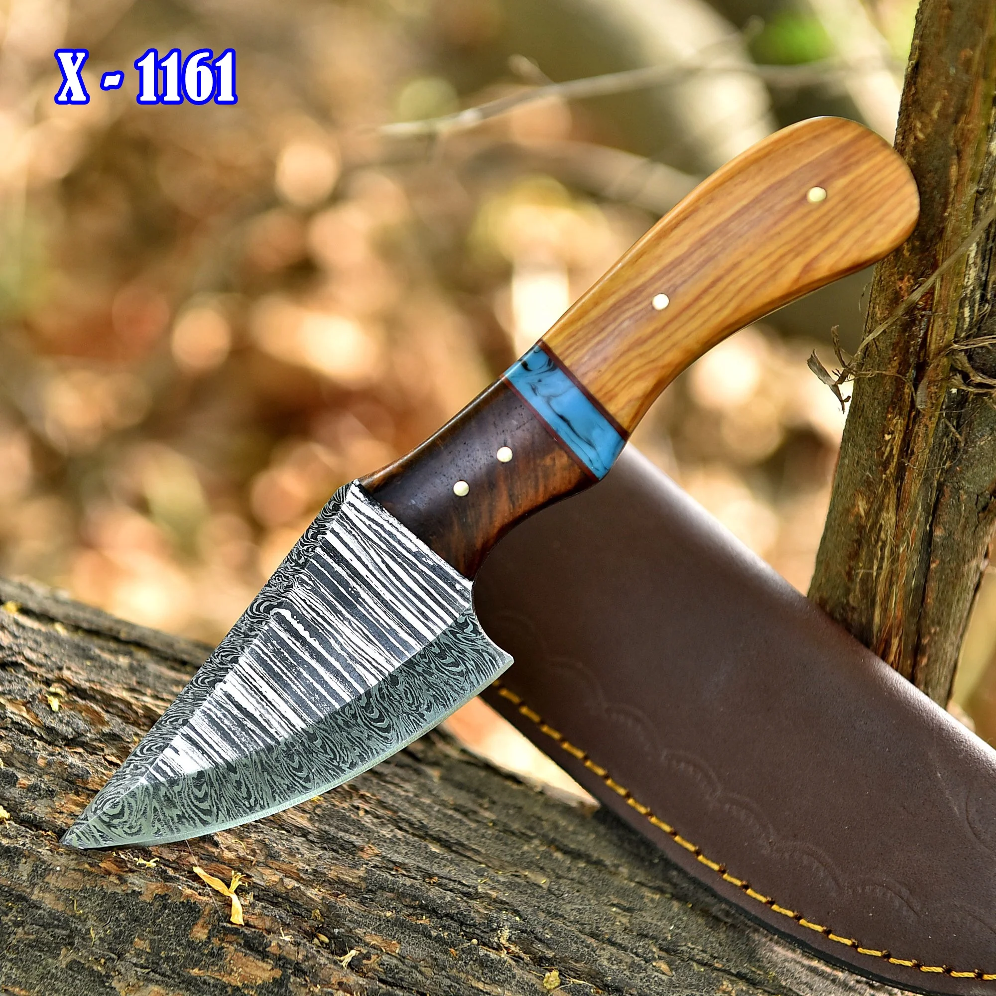 8" Elite Outdoor Damascus Steel Blade Skinner Knife Wood Resin Handle - Image 2