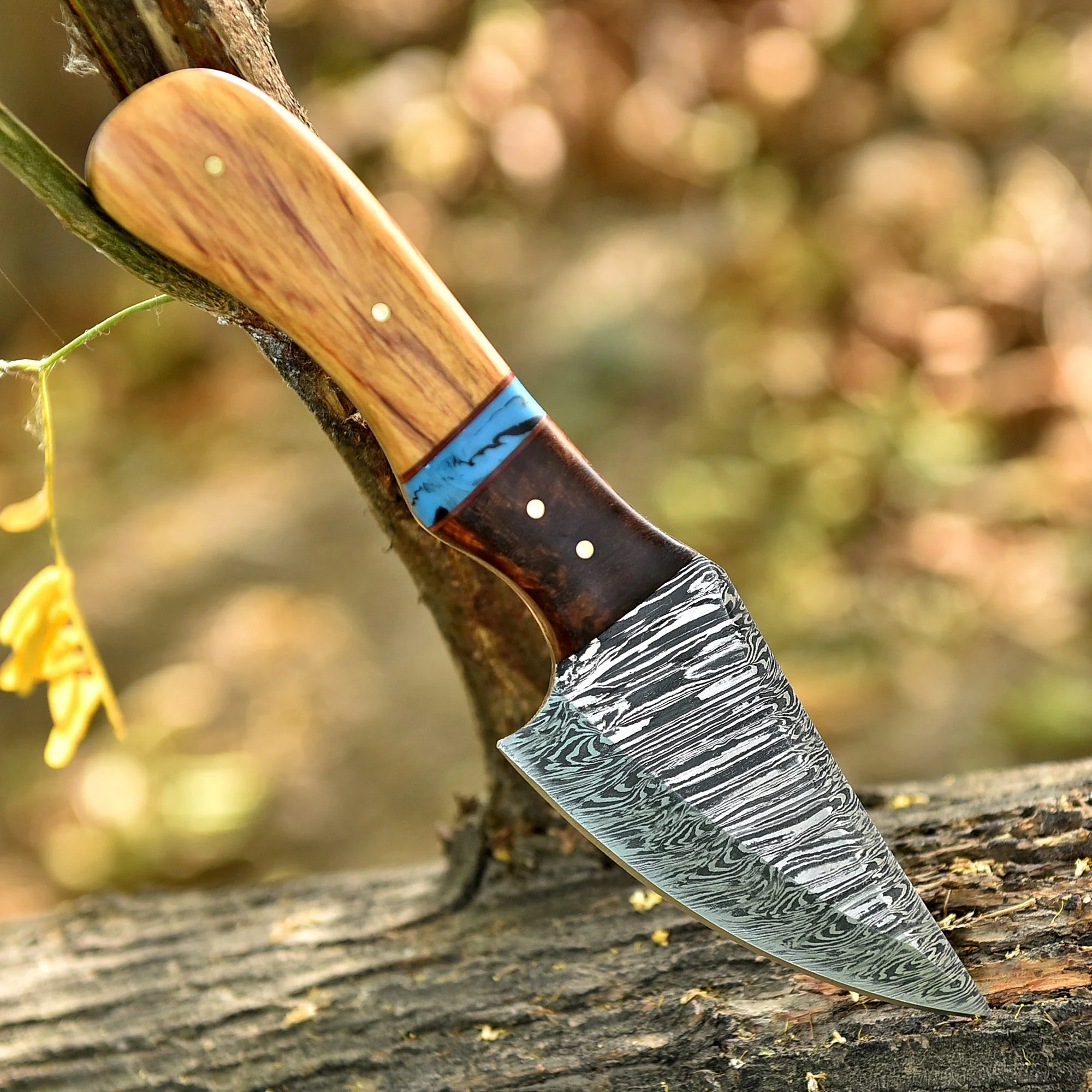 8" Elite Outdoor Damascus Steel Blade Skinner Knife Wood Resin Handle - Image 3