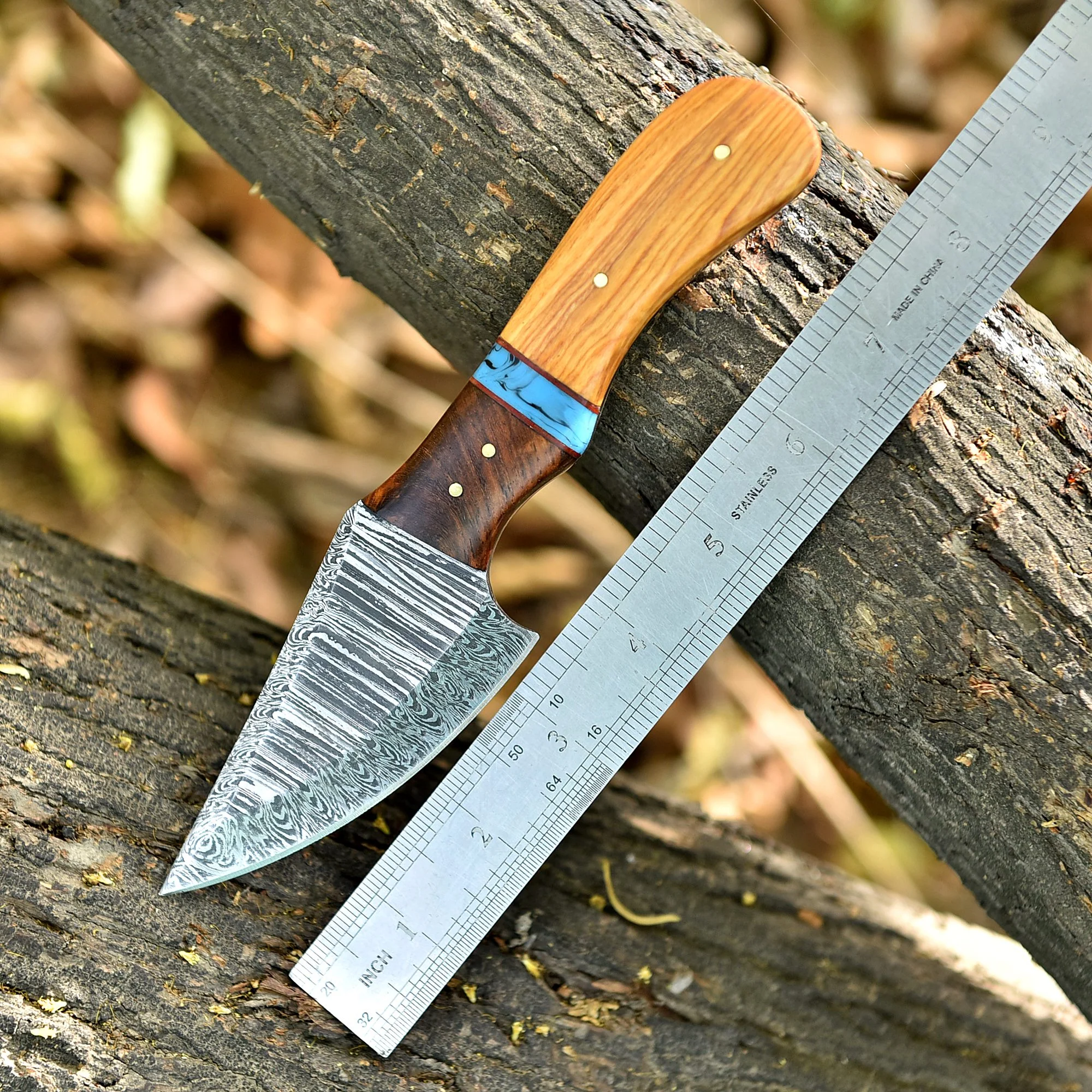 8" Elite Outdoor Damascus Steel Blade Skinner Knife Wood Resin Handle - Image 4