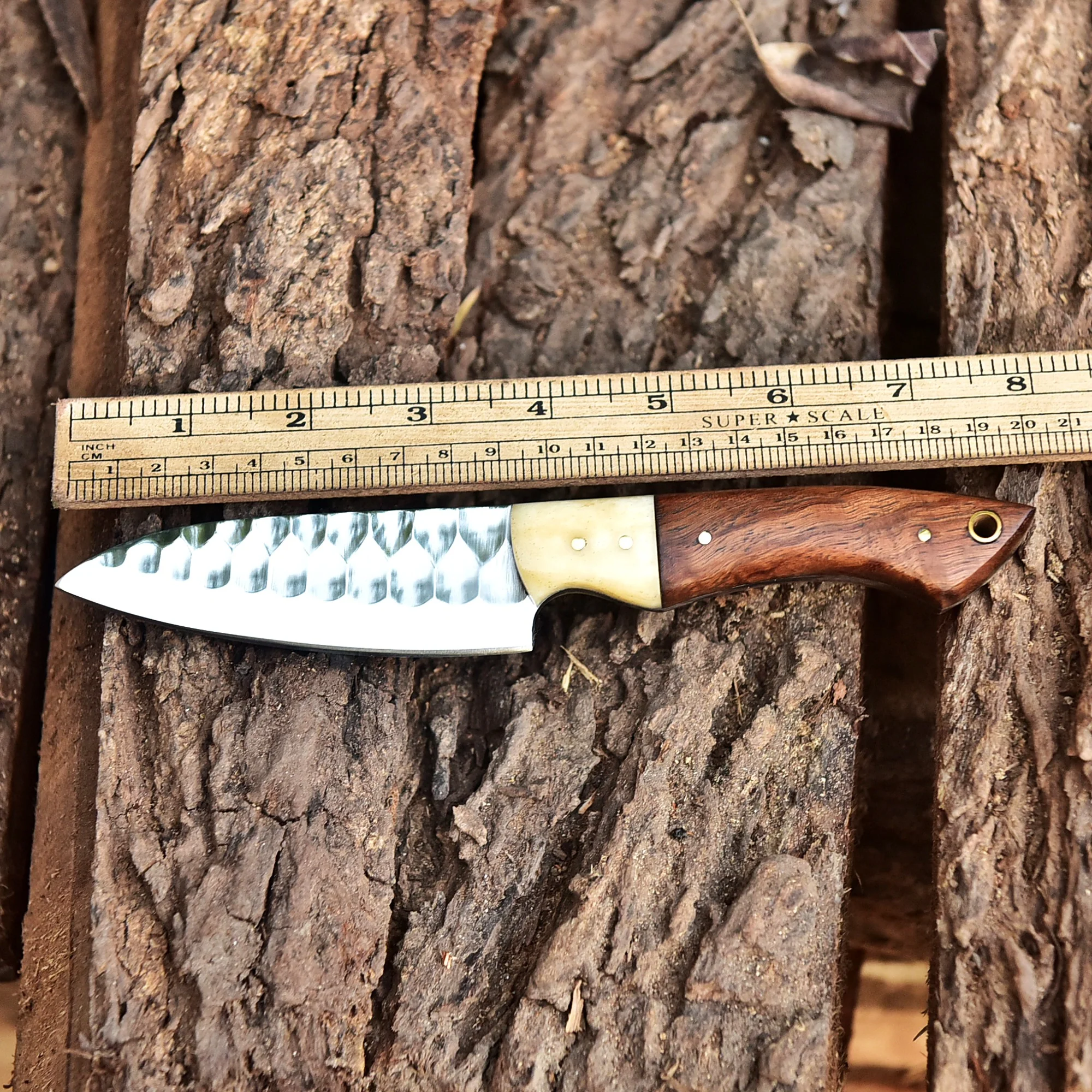 8” Hand Forged Carbon Steel Full Tang Skinner Knife Wood Camel Bone Handle - Image 4