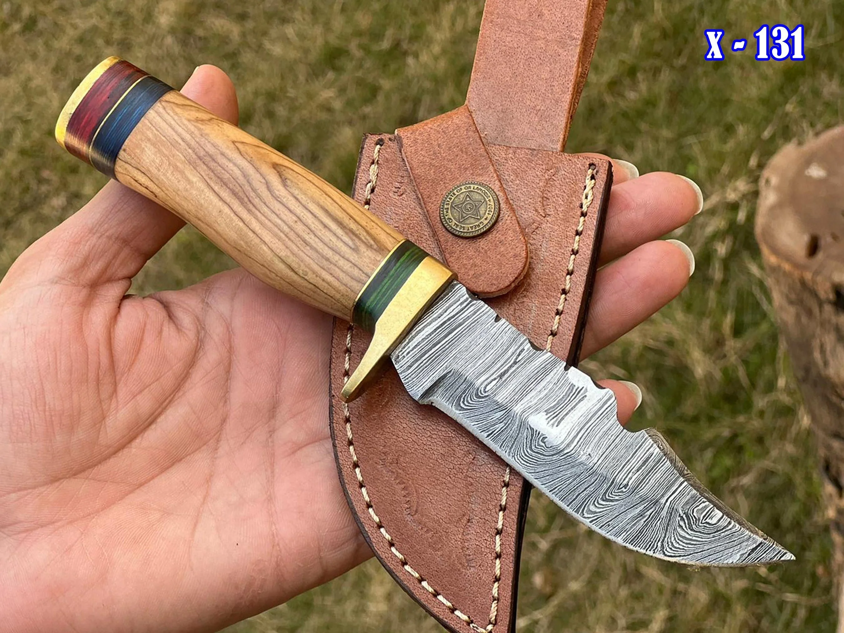 8" Skinning Knife Forged Damascus Fixed Blade - Olive Wood Handle - Image 4