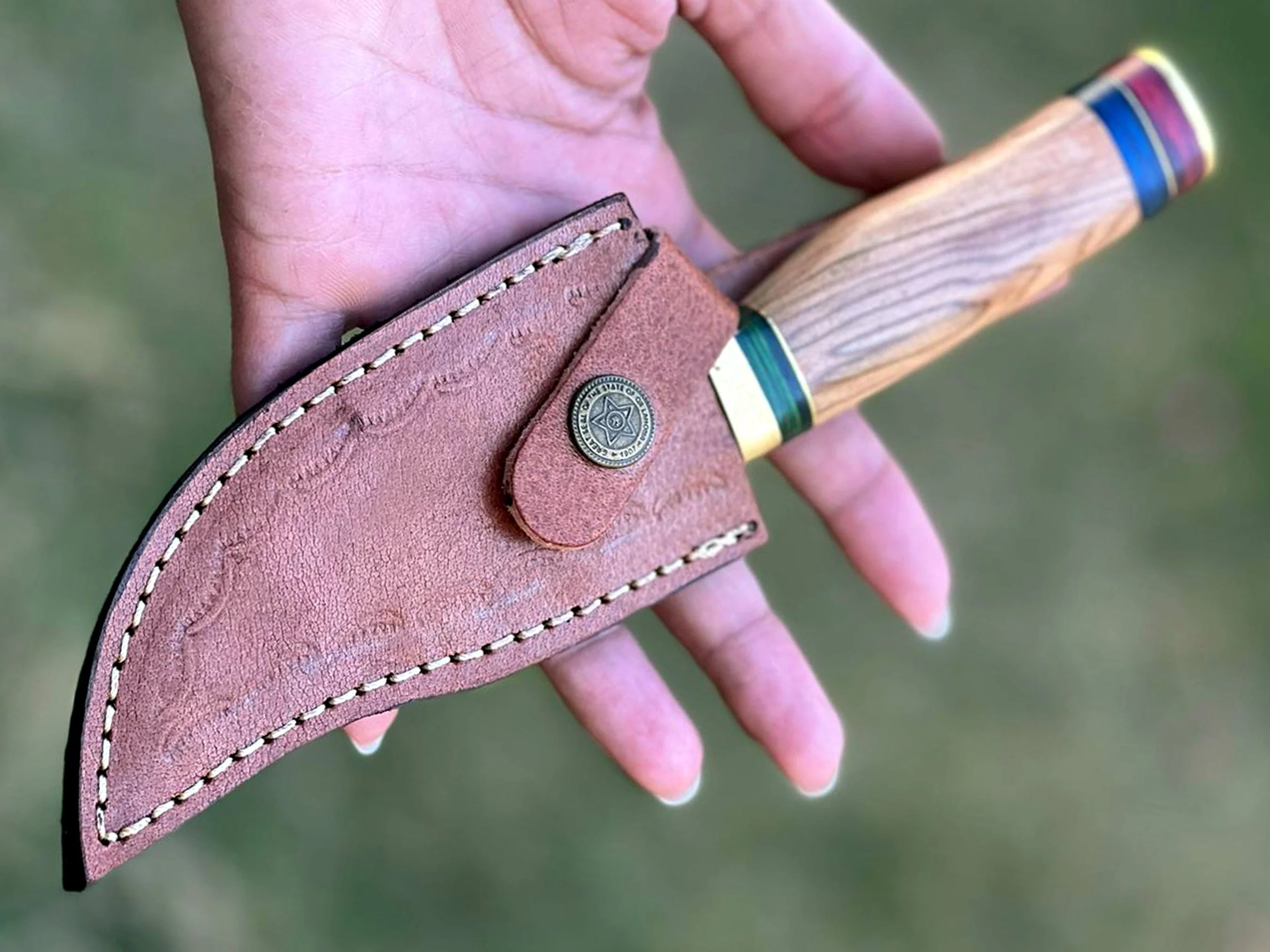 8" Skinning Knife Forged Damascus Fixed Blade - Olive Wood Handle - Image 6