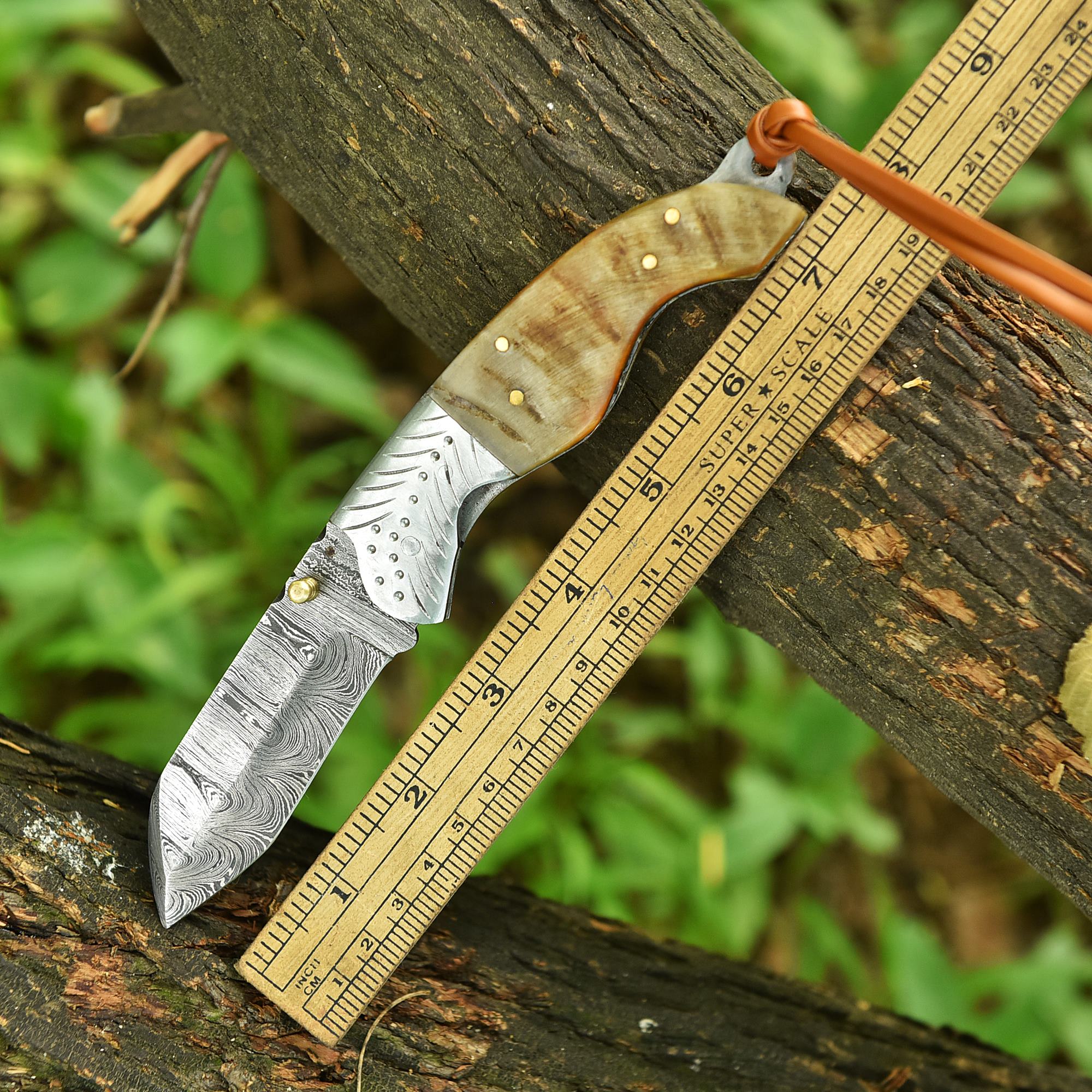 Adventure Hand Forged Damascus Folding Hunting Knife Ram Horn Handle - Image 4