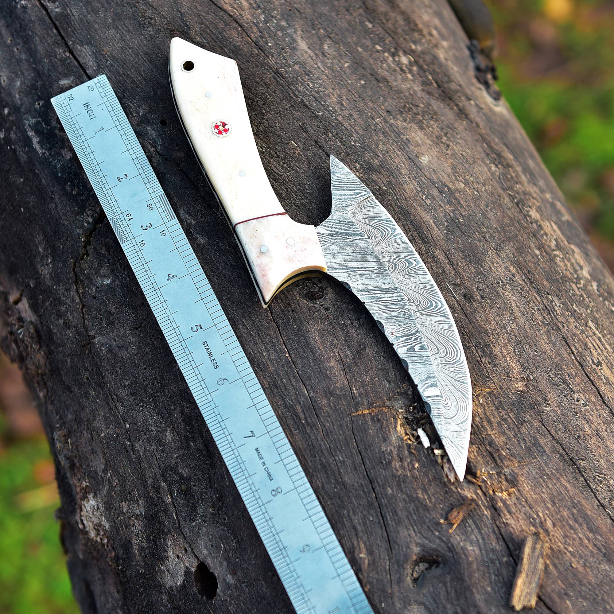 Alaskan Ulu Knife - Authentic Damascus Arctic Cutting Tool with Rich Heritage Bone Handle x-747 - Image 4