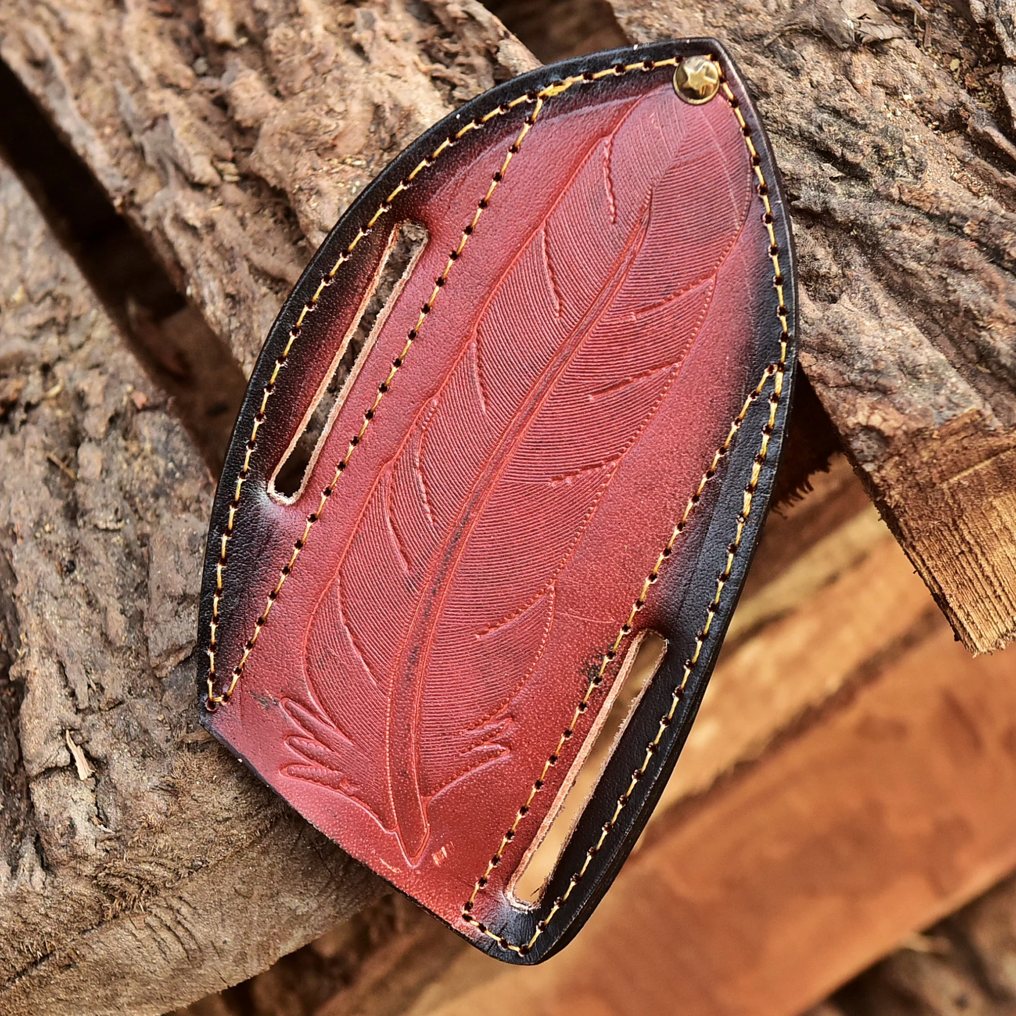 Artisan Handmade Top Grain Leather Fixed Blade Knife Sheath Leaf Engraving - Image 2
