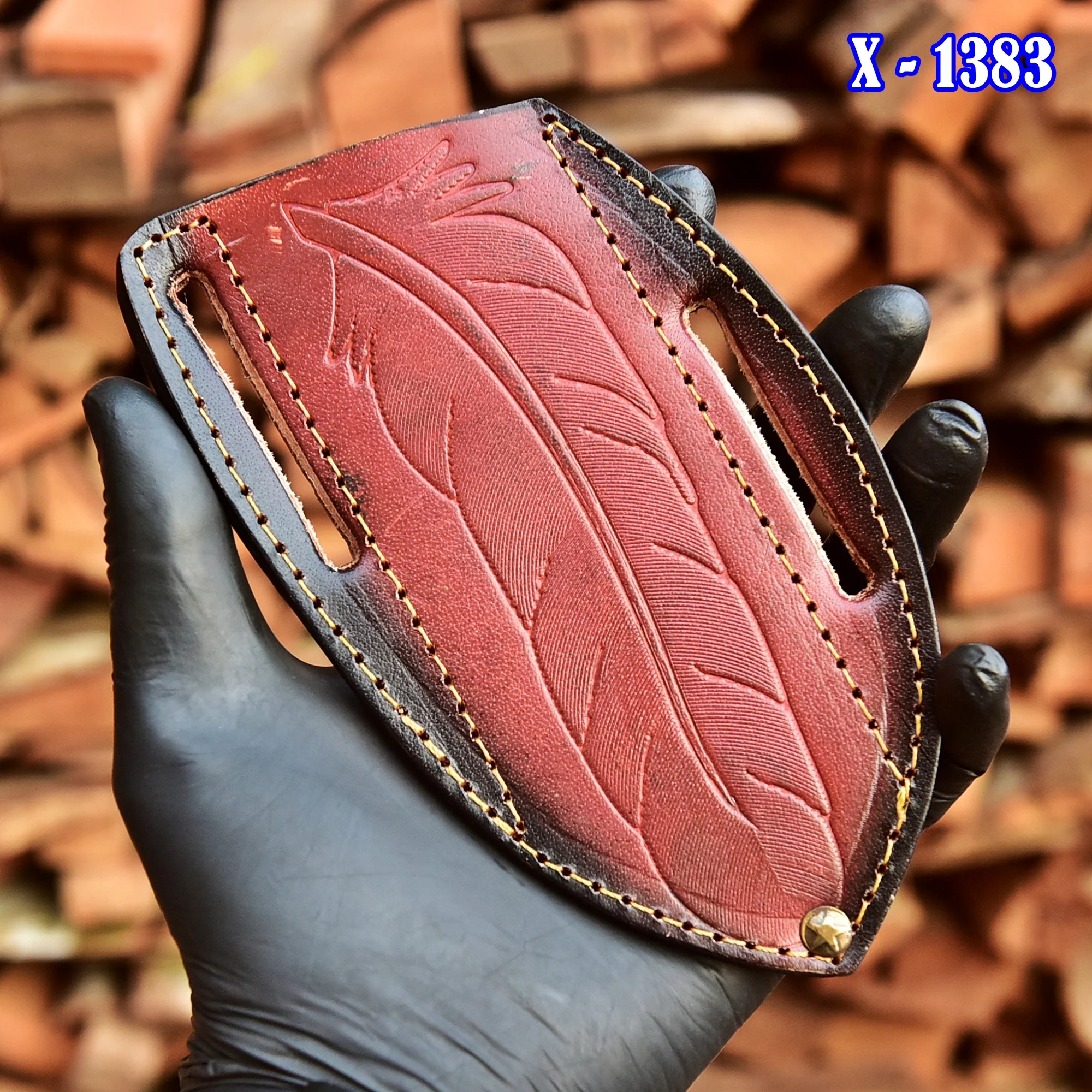 Artisan Handmade Top Grain Leather Fixed Blade Knife Sheath Leaf Engraving - Image 3