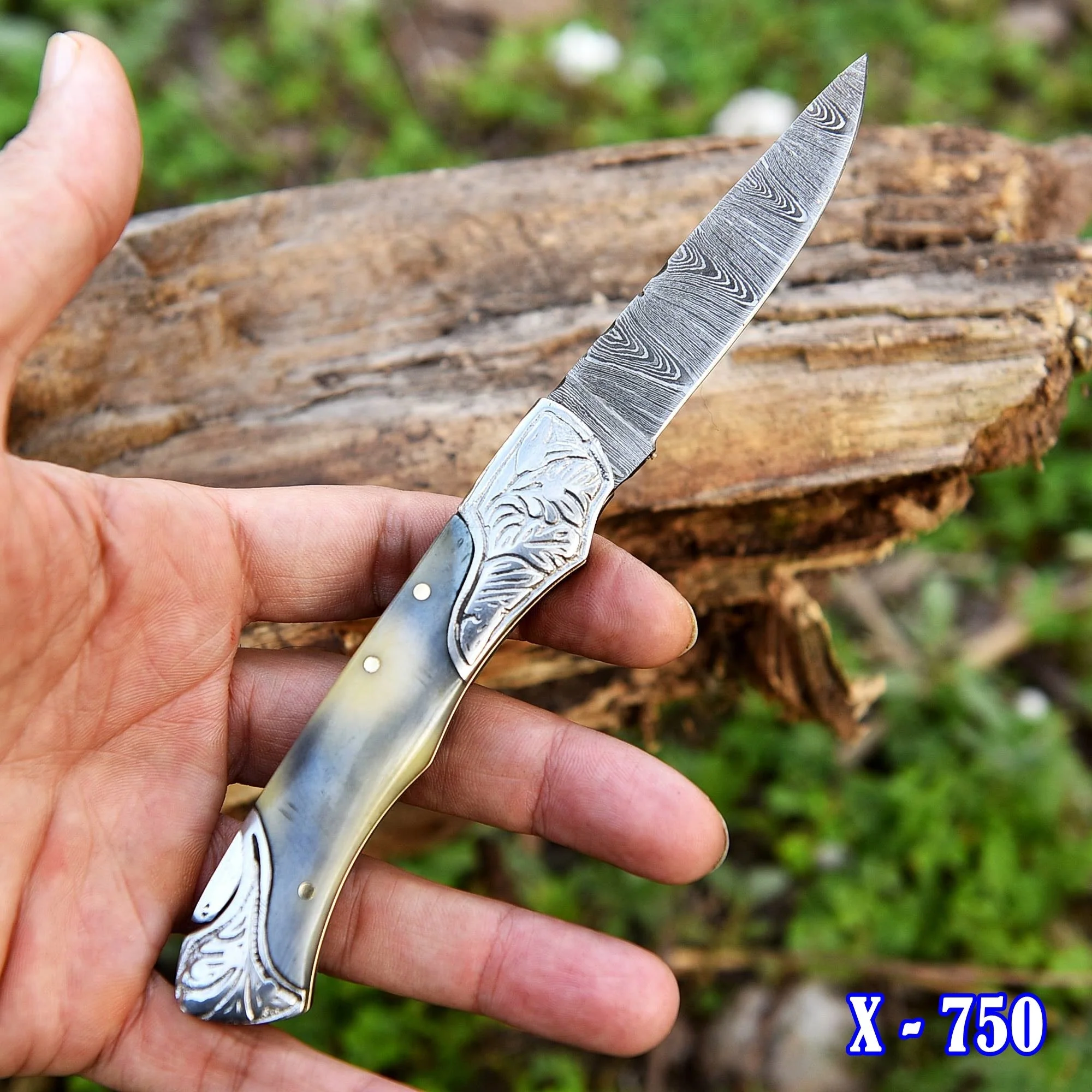 Back Lock 8" Handmade Damascus Steel Pocket Knife Bone Handle Folding Knife x-750 - Image 3